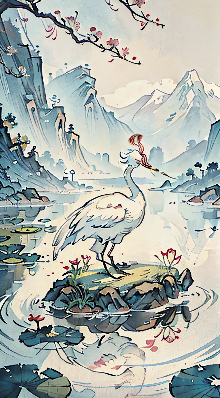 White crane painting in lotus pond, Chinese brush illustration, Chinese painting style, Chinese traditional painting, Chinese traditional ink painting, Chinese style painting, Chinese watercolor style, Chinese ink painting, beautiful artwork illustration, inspired by Xiao Yuncong, Chinese traditional art, Chinese painting, Zhongyuan Festival, inspired by Wang Yuanqi