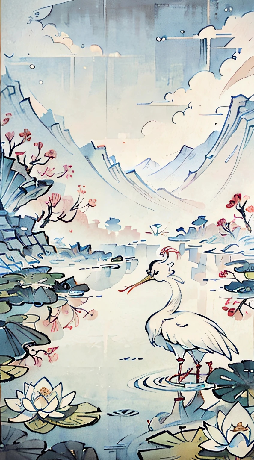 White crane painting in lotus pond, Chinese brush illustration, Chinese painting style, Chinese traditional painting, Chinese traditional ink painting, Chinese style painting, Chinese watercolor style, Chinese ink painting, beautiful artwork illustration, inspired by Xiao Yuncong, Chinese traditional art, Chinese painting, Zhongyuan Festival, inspired by Wang Yuanqi