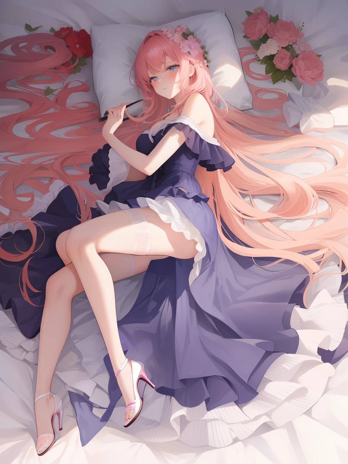 A beautiful girl, sweet, full body photo, flesh-colored lace, pink long hair, closed moon shame flower, overwhelmed by the country, incomparably beautiful, black stockings, blue eyes, full body portrait, close-up, high heels, full body portrait, lying on the bed, blue gauze skirt, delicate facial features, perfect body, messy pink long hair, moaning, seductive, bare shoulders, holding a wine glass