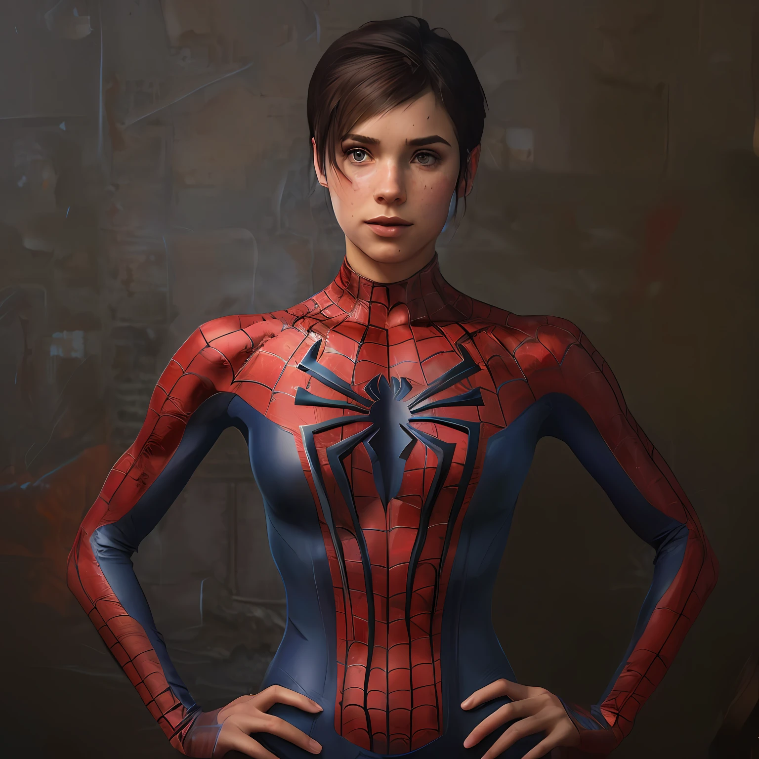 Spider - Woman Man in a blue and red costume posing for a photo, ( ( (Spiderwoman ) ), Spider Woman, Spiderwoman!!!!!, Ellie as Spiderwoman, Spiderwoman!!, Wojtek Fus, Portrait of Spiderman, Alena Aenami and Artgerm, 4K Art, Futuristic Style Spiderman, Stunning character art, ((((brown hair))), detailed gloves, freckles, (((lighter hair))), ((short hair with bangs)), detailed costume, detailed hair, detailed face, perfect face