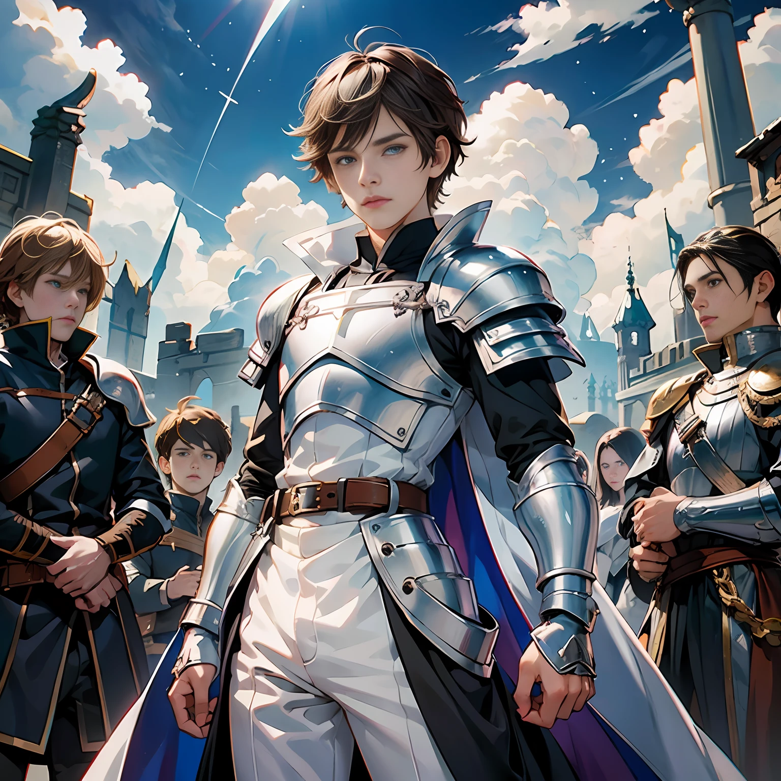 anime, young knight, boy, drakengard artstyle, brown hair, blue eyes, white outfits, silver armbands, looking for camera, detailed eyes, synchronized eyes, best quality, good anatomy, detailed face, 4k, masterpiece, detailed eyes --auto --s2