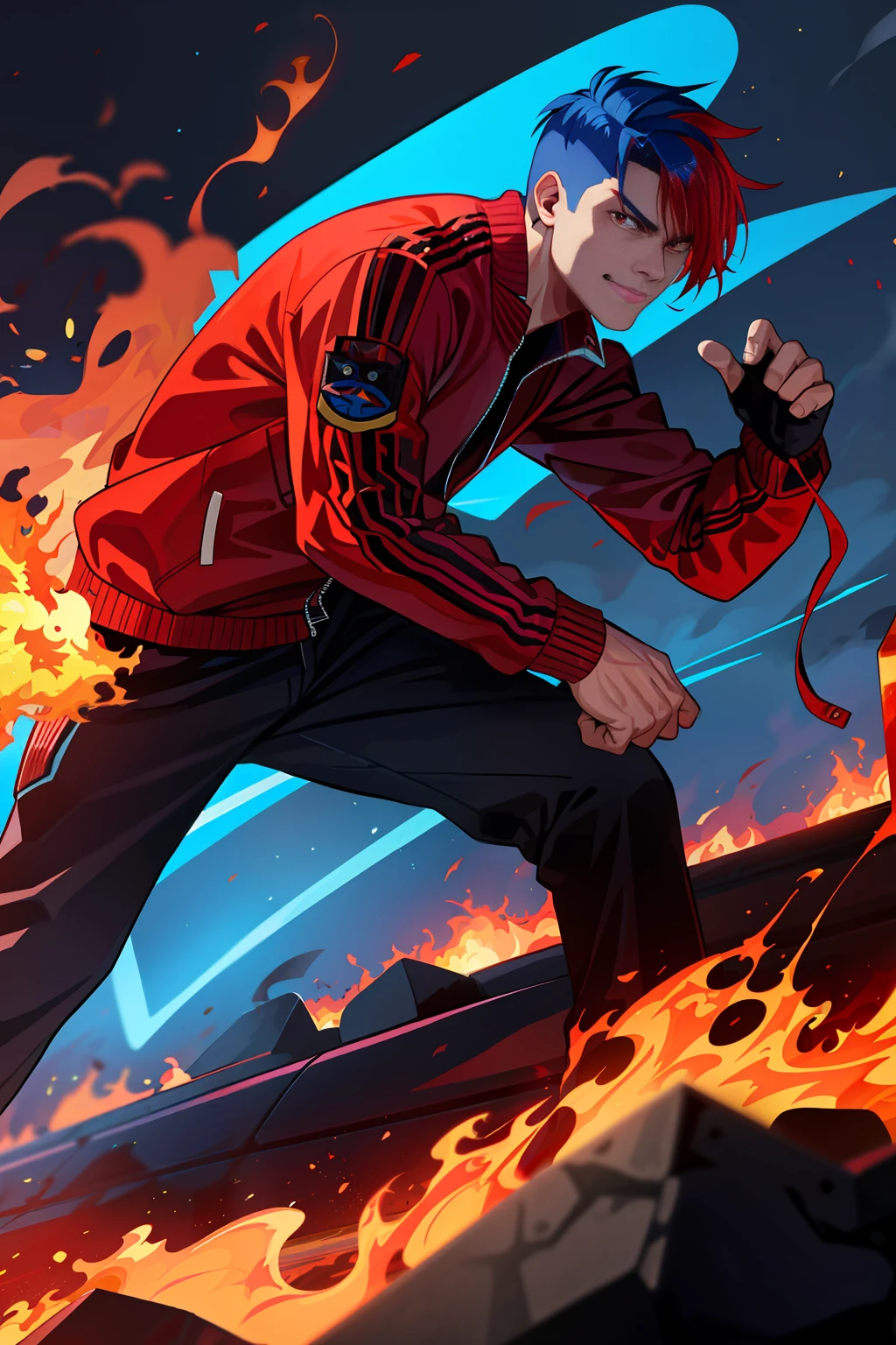 Villainous man, wearing a super detailed degrade red jacket, flaming power in his right hand, red All Star Converse sneakers, goosebump blue hair, power of destruction at his control, attack pose, ruined scenery with smoke and fires