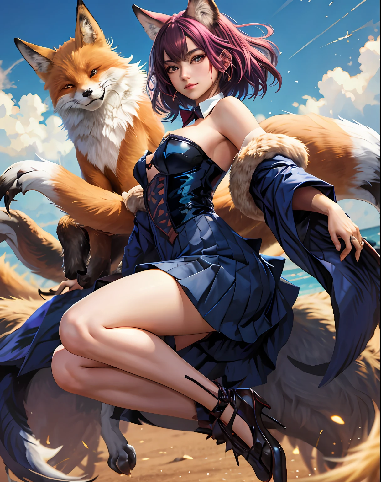 (imaginary cute fox monster:1.3), detailed mid body portrait of (human:1.1) ana de armas, strapless, shirt collar, (dynamic pose:1.2), (face to face:1.2), blue pink and black pallete color, art by artgerm, sakimichan, Taejune Kim, pixiv, krenz cushart, ilya kuvshinov, Goro Fujita, Cyril Rolando, masterpiece, best quality