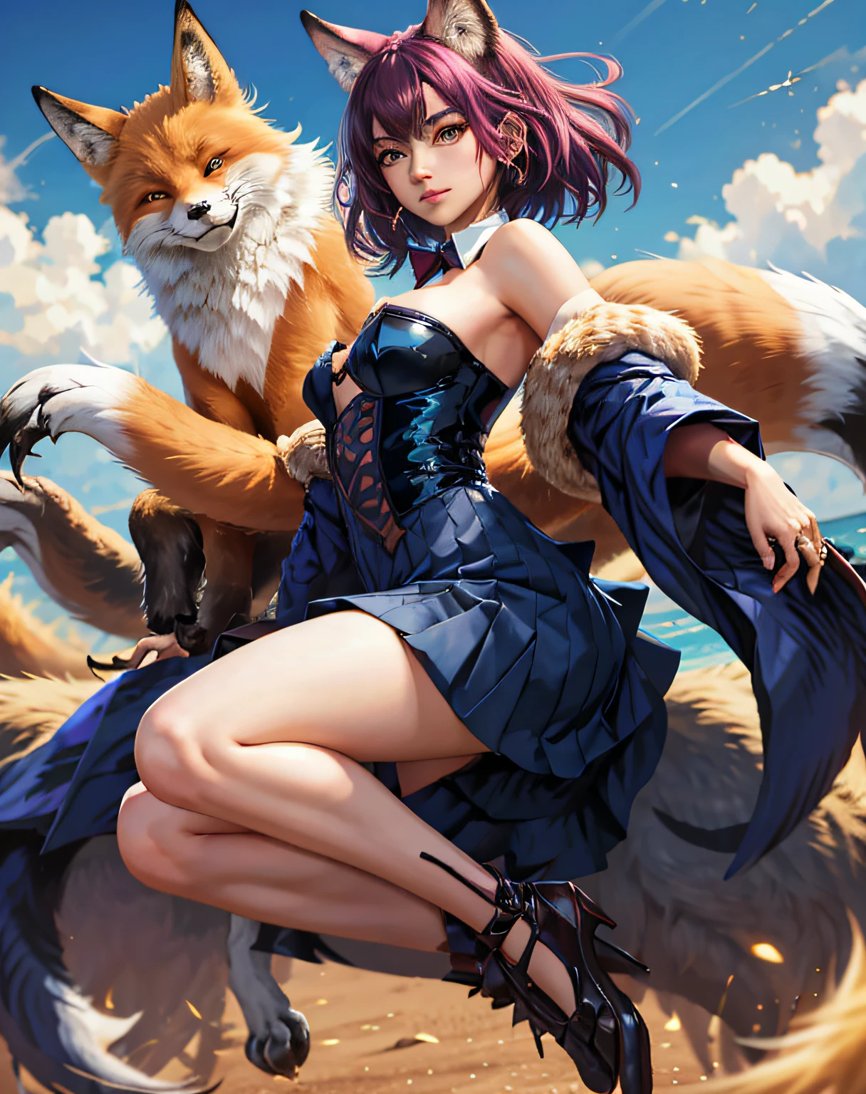 (imaginary cute fox monster:1.3), detailed mid body portrait of (human:1.1) ana de armas, strapless, shirt collar, (dynamic pose:1.2), (face to face:1.2), blue pink and black pallete color, art by artgerm, sakimichan, Taejune Kim, pixiv, krenz cushart, ilya kuvshinov, Goro Fujita, Cyril Rolando, masterpiece, best quality