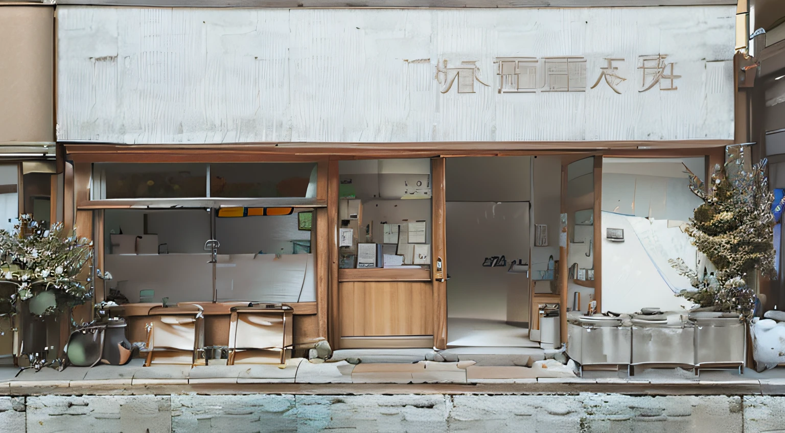 there is a small store with a wooden door and a bench, storefront, shop front, photo for a store, 千 葉 雄 大, official store photo, jin shan, seen from outside, omina tachibana, daoshu, by Yi Jaegwan, japanese design, 中 元 节