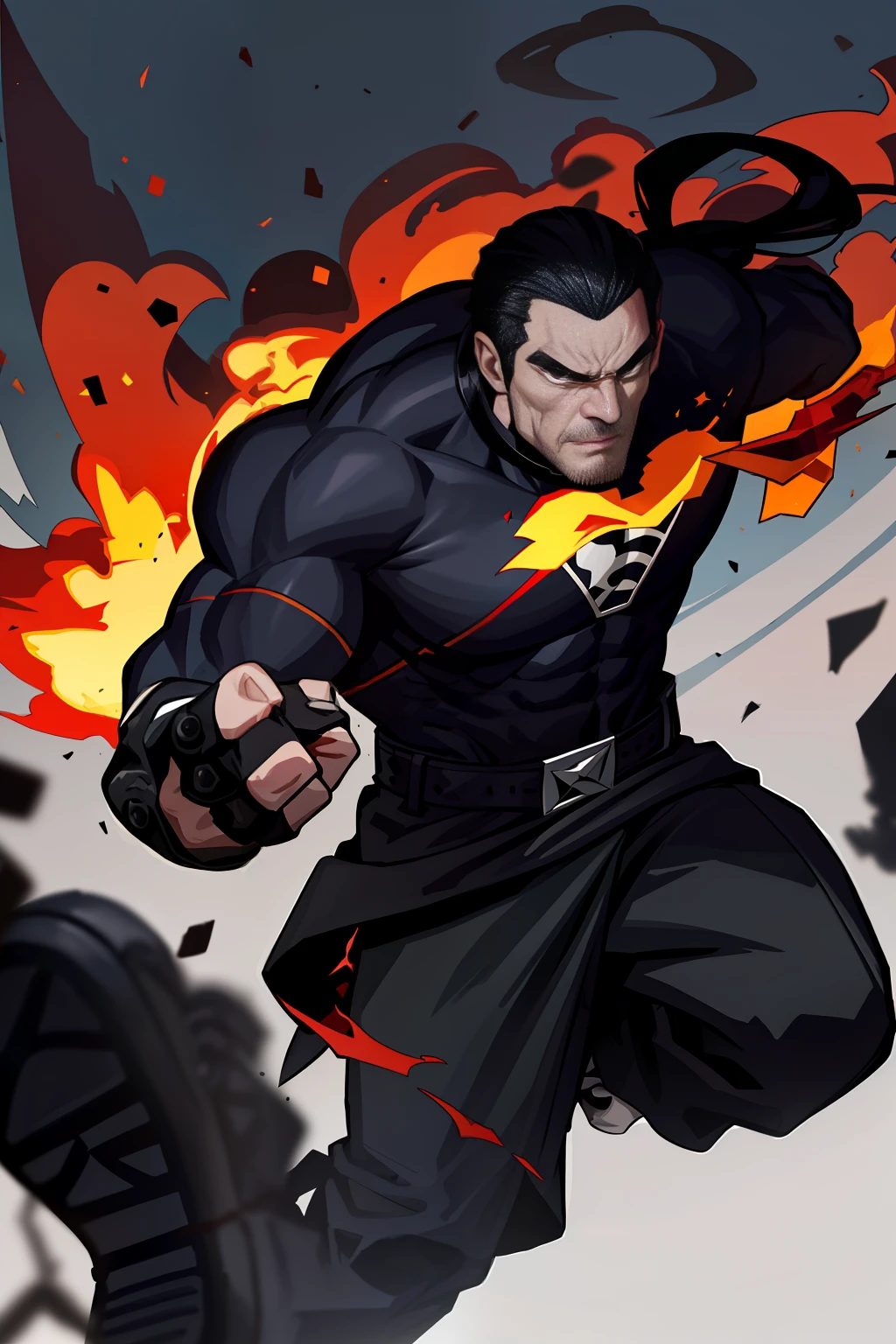Villainous man, very strong wearing a black shirt with a fixed crow print, super detailed, power in the right hand, white All Star Converse sneakers, black hair with ponytail, power of destruction in your control, attack pose, ruined scenery with smoke and fires