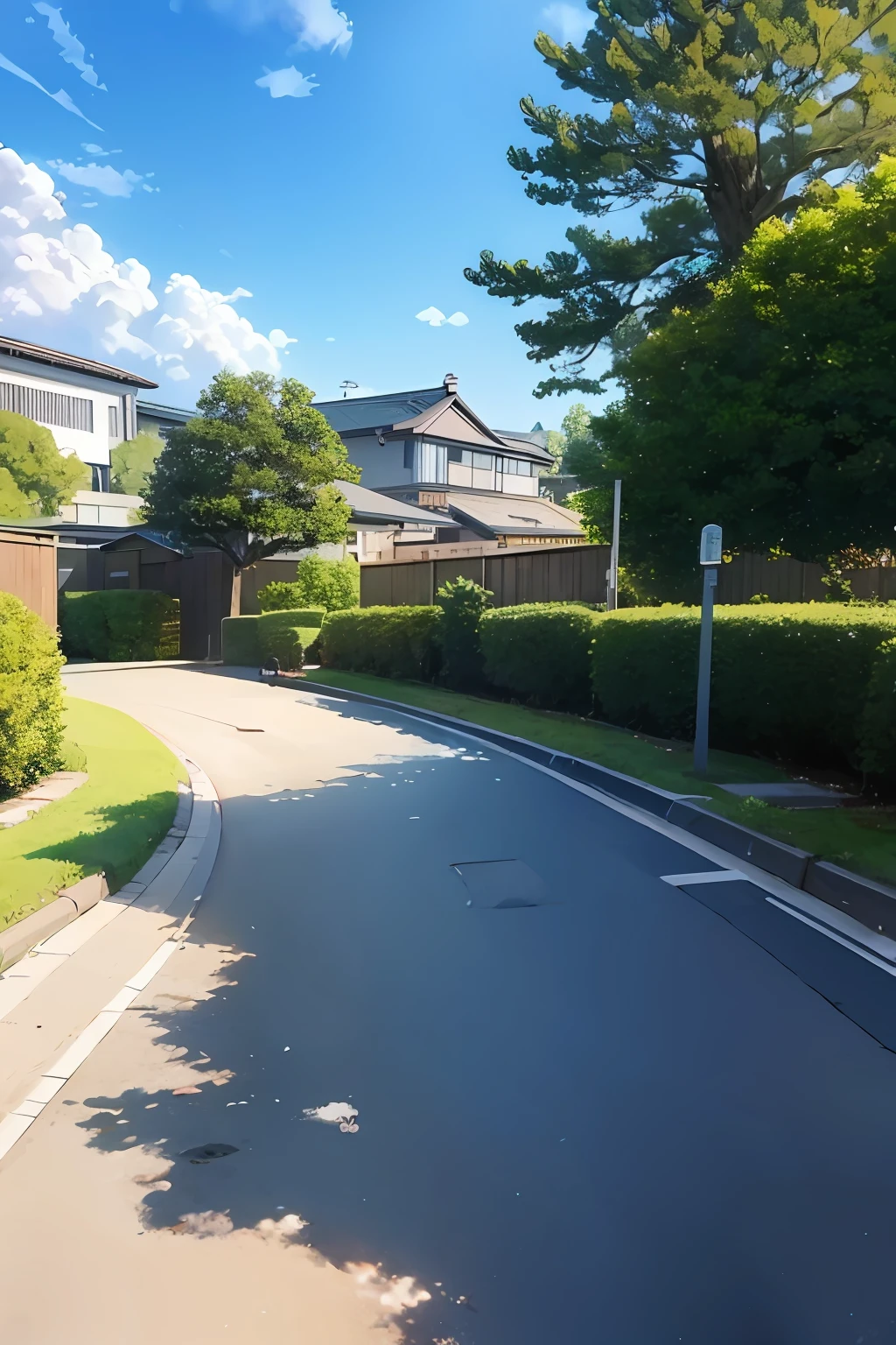 masterpiece, best quality, suburban hood in japan,  some birds in the sky, anime screenshot, sky visible