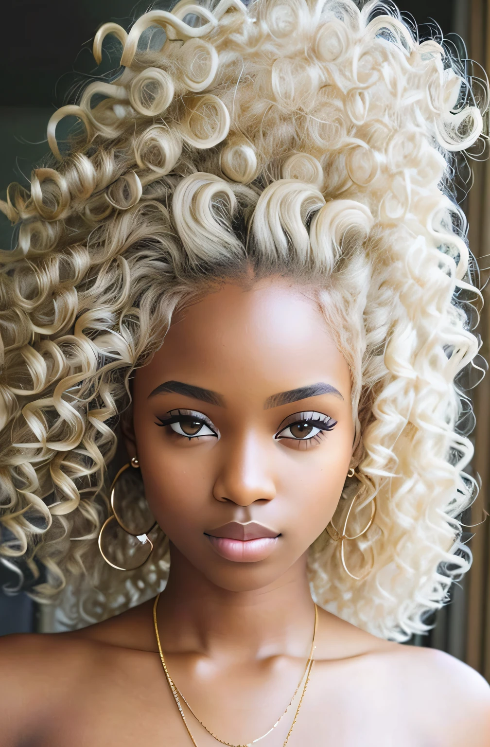 Afro-textured hair, sparkling eyes, dark skin, extreme long curly messed hair, medium goldenn blonde hair, curly hair, masterpiece, looking up