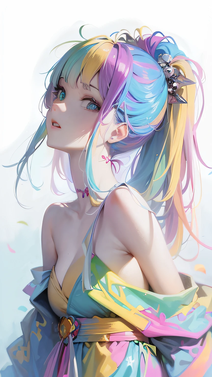 anime girl with colorful hair and a colorful dress, rossdraws pastel vibrant, rossdraws cartoon vibrant, anime style 4 k, beautiful anime portrait, artgerm colorful!!!, ! dream artgerm, beautiful anime girl, anime styled digital art, anime art wallpaper 4k, anime art wallpaper 4 k, digital anime art, extremely detailed artgerm, (breast: 2.1)