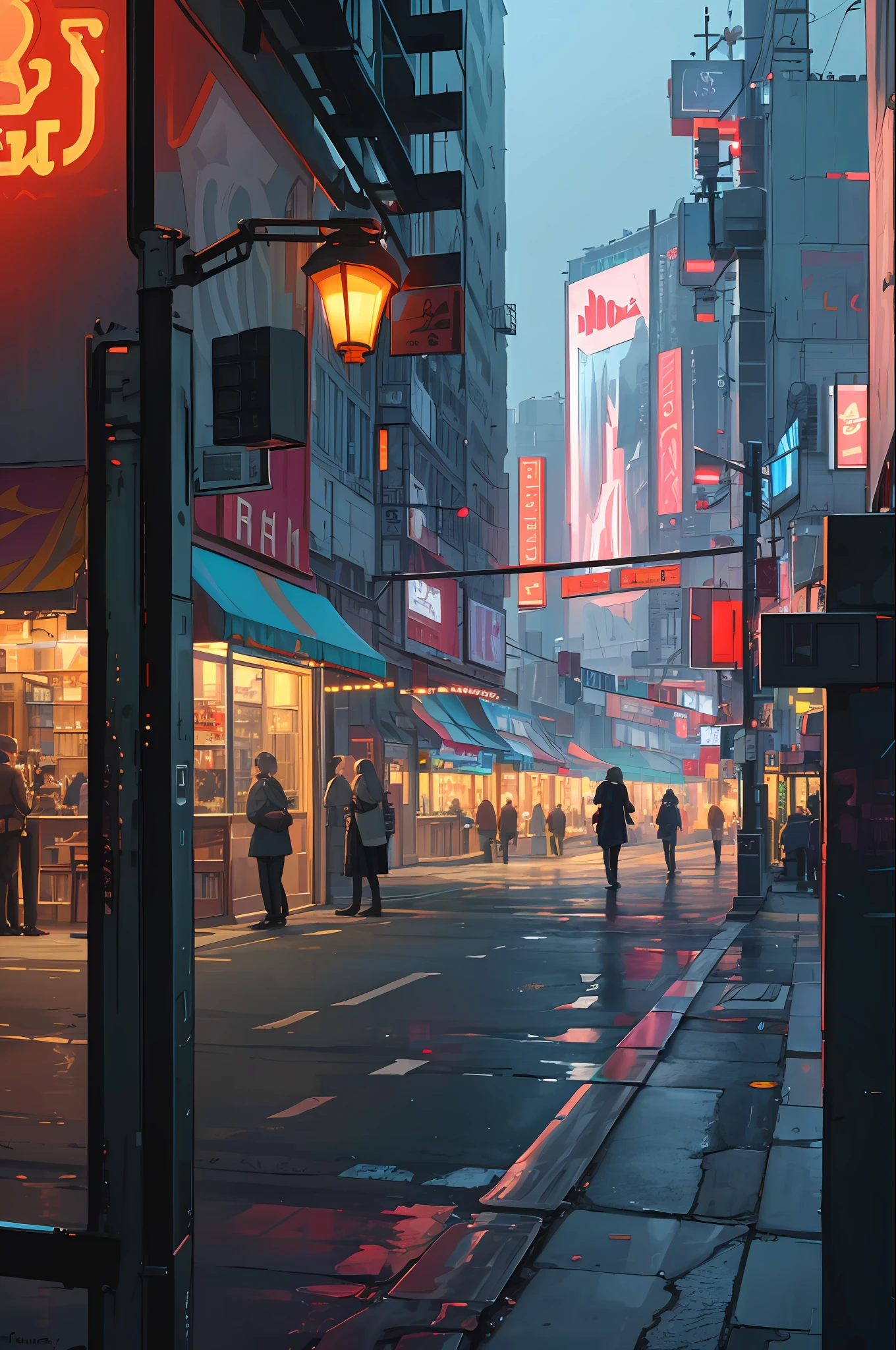 ((masterpiece)),((best quality)),((high detail)),((realistic,)) restaurant, neat people, cyberpunk, buildings, night, european city, neon