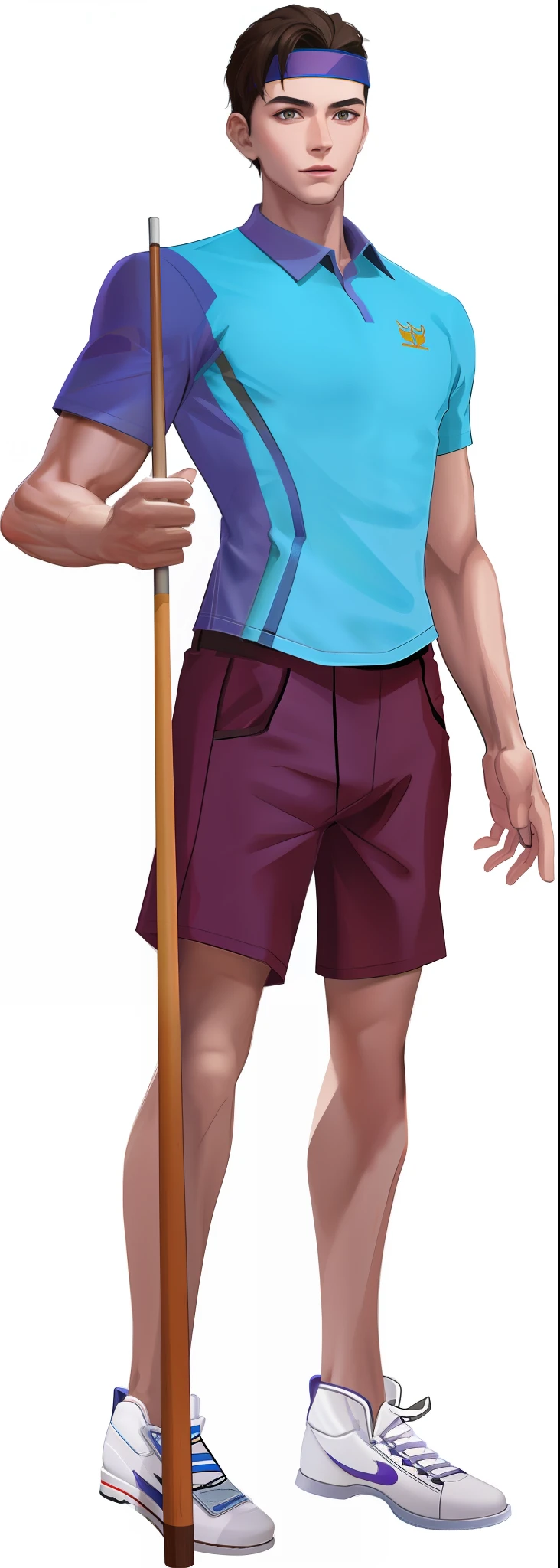 A male figure holding a pool cue, wearing a blue t-shirt, young male, made in 3D, full body portrait of shorts, full body detail, digital drawing, picture quality 2k, full of details, clear facial structure, facial features, refinement, young male, 20 years old, purple headband, dark brown eyes, blue t-shirt, short black hair