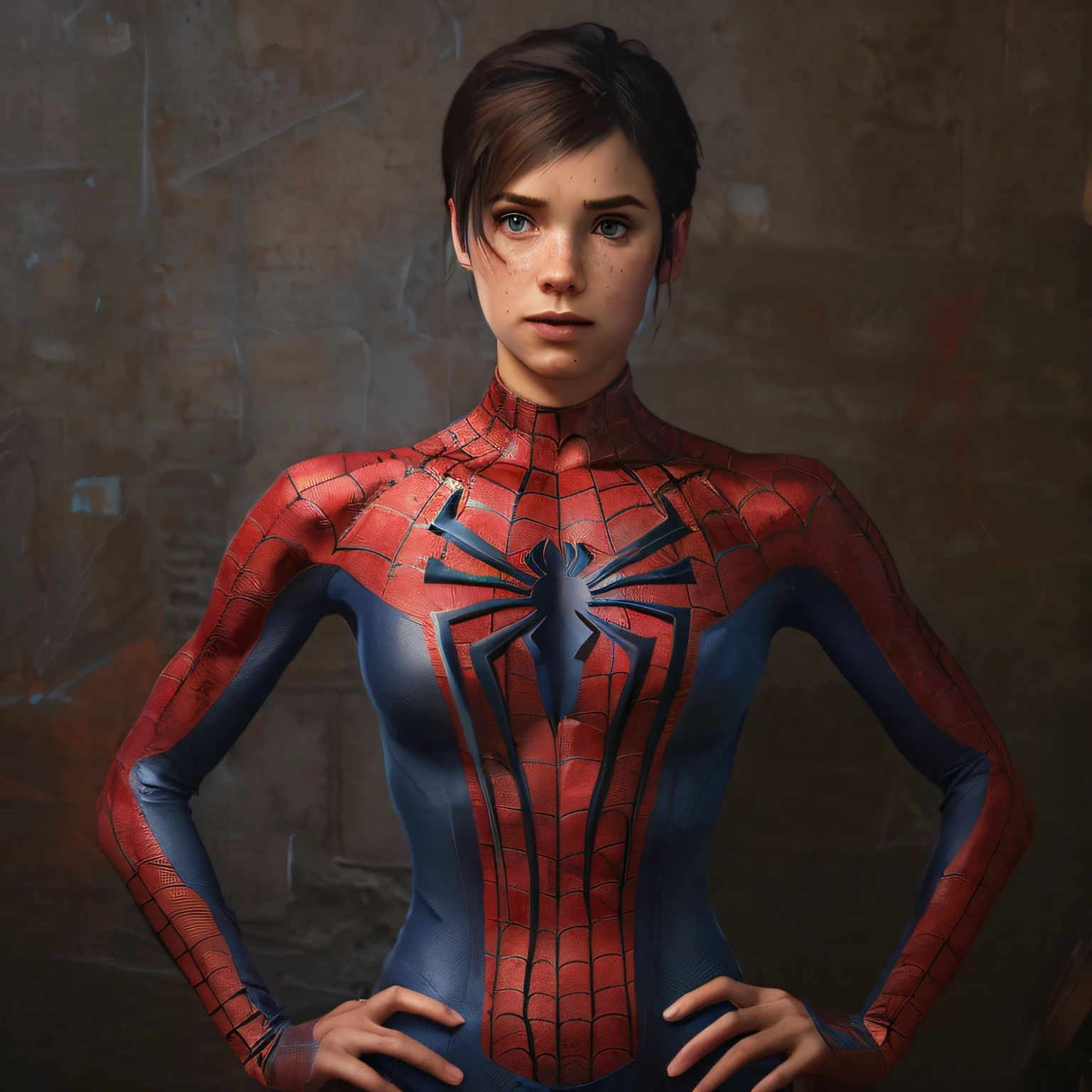 Spider - Woman Man in a blue and red costume posing for a photo, ( ( (Spiderwoman ) ), Spider Woman, Spiderwoman!!!!!, Ellie as Spiderwoman, Spiderwoman!!, Wojtek Fus, Portrait of Spiderman, Alena Aenami and Artgerm, 4K Art, Futuristic Style Spiderman, Stunning character art, ((((brown hair))), detailed gloves, freckles, (((lighter hair))), ((short hair with bangs)), detailed costume, detailed hair, detailed face, perfect face