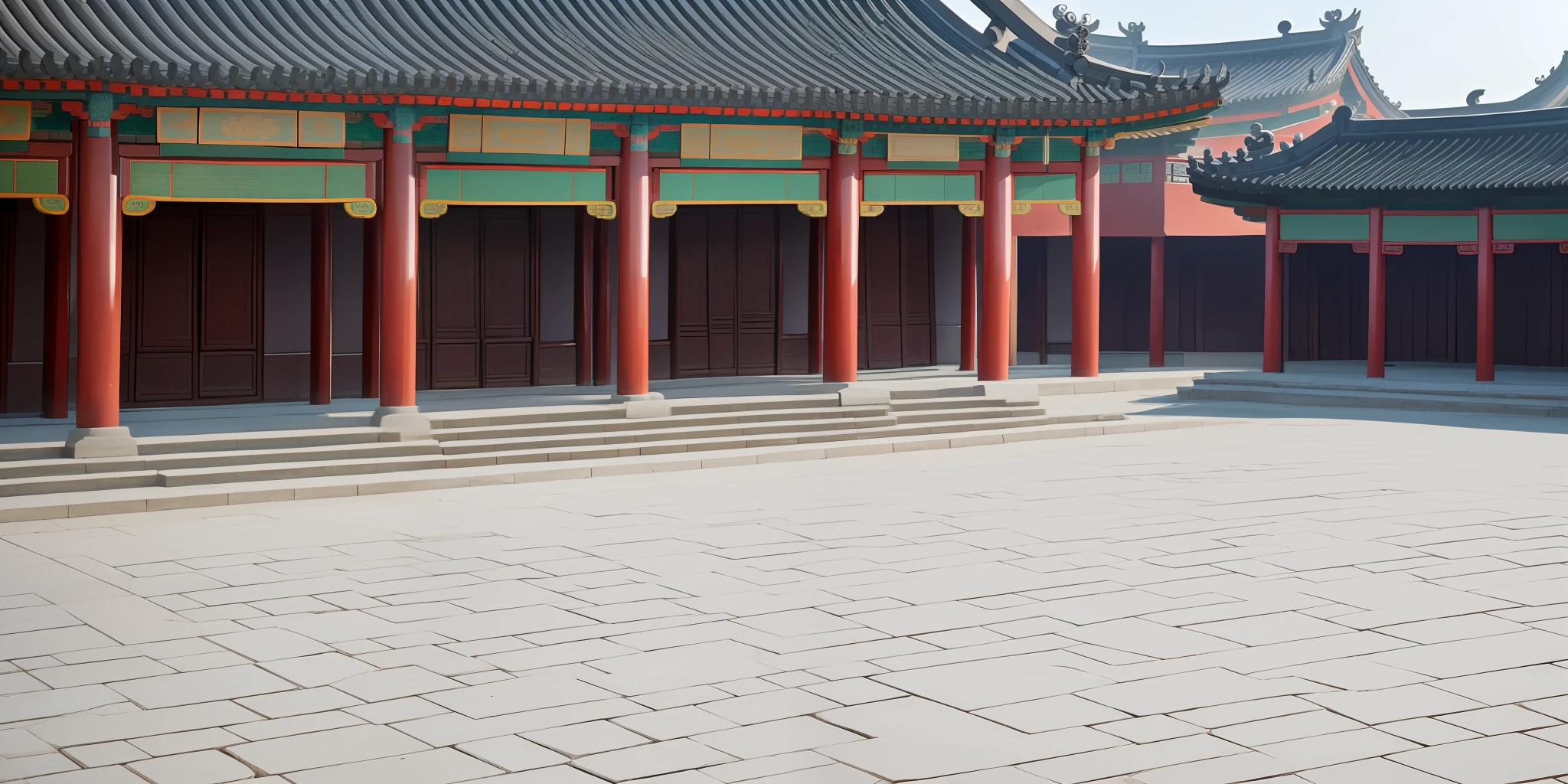 The ancient Chinese Palace Square was a wide open space, usually located in the center of the palace, surrounded by tall walls. The ground on the square is flat and smooth, paved with marble or bluestone, and the shadows and light on the ground can be clearly seen. There are no humans