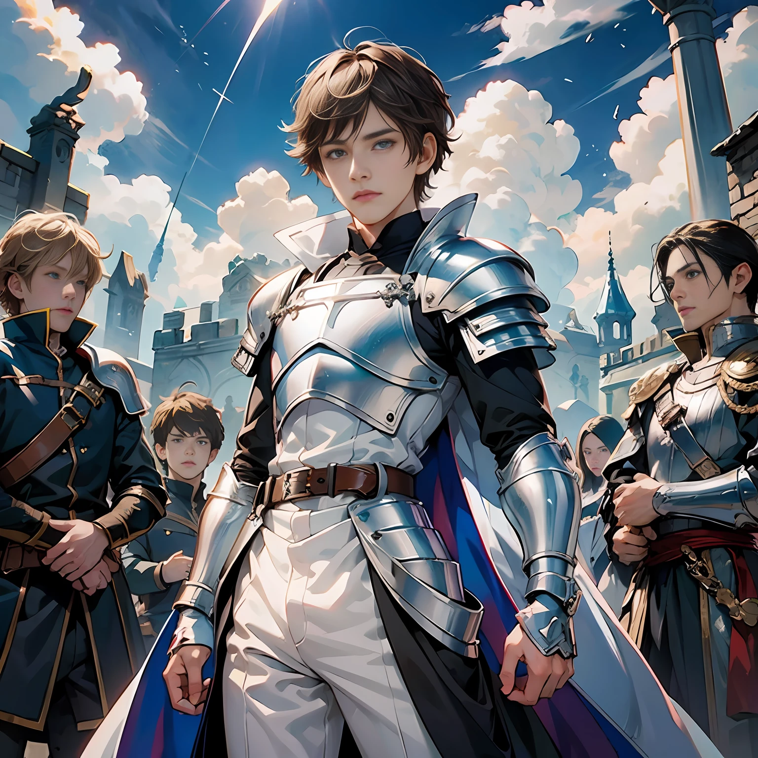 anime, young knight, boy, drakengard artstyle, brown hair, blue eyes, white outfits, silver armbands, looking for camera, detailed eyes, synchronized eyes, best quality, good anatomy, detailed face, 4k, masterpiece, detailed eyes --auto --s2