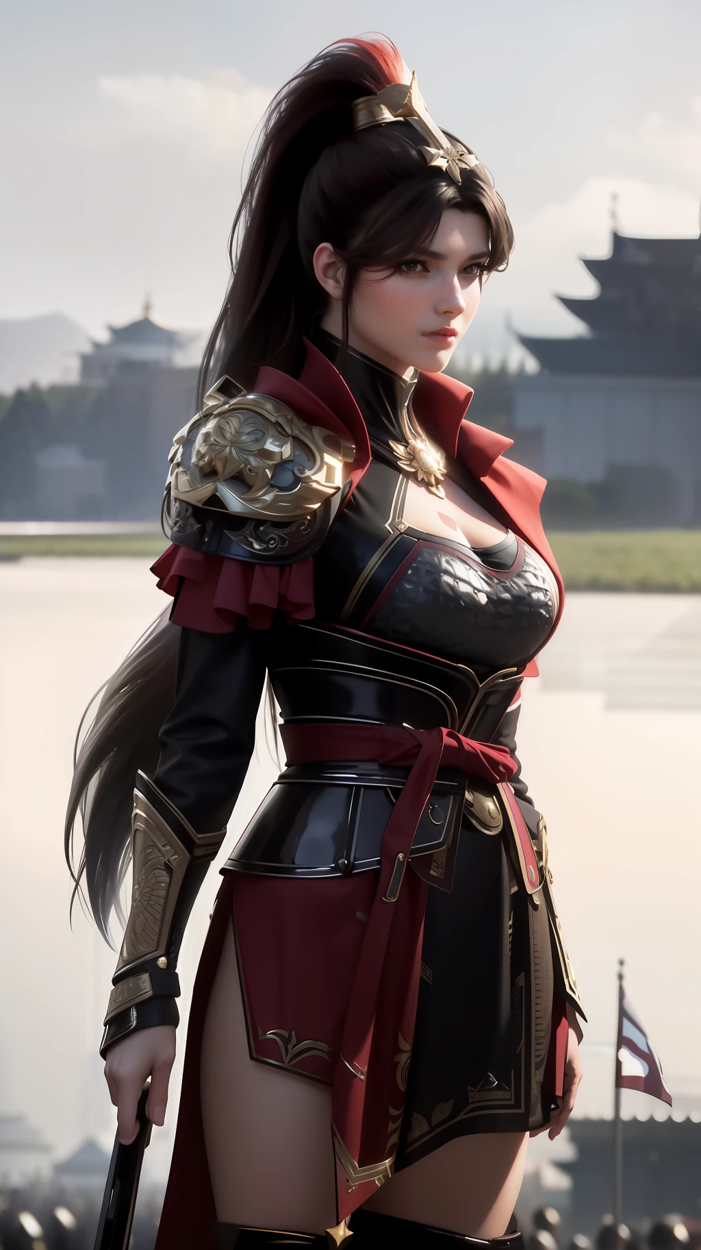 standing in front of a group of people in armor standing in a field with flags in the background,a line of red flags and a building,
red outfit,shoulder_armor,armor,armored dress, armored boots,red_cape,high_collar,a helmet on her head,
holding_weapon,spear,realistic, thighhighs,,
bangs,black_hair,brown_eyes,long_hair,turtleneck,
1 girl, 20yo,mature female,Beautiful Finger,Beautiful long legs,Beautiful body,Beautiful Nose,Beautiful character design, perfect eyes, perfect face,
looking at viewer, 
NSFW,official art,extremely detailed CG unity 8k wallpaper, perfect lighting,Colorful, Bright_Front_face_Lighting,
(masterpiece:1.0),(best_quality:1.0), ultra high res,4K,ultra-detailed,
photography, 8K, HDR, highres, absurdres:1.2, Kodak portra 400, film grain, blurry background, bokeh:1.2, lens flare, (vibrant_color:1.2)
(Beautiful,large_Breasts:1.4), (beautiful_face:1.5),(narrow_waist),