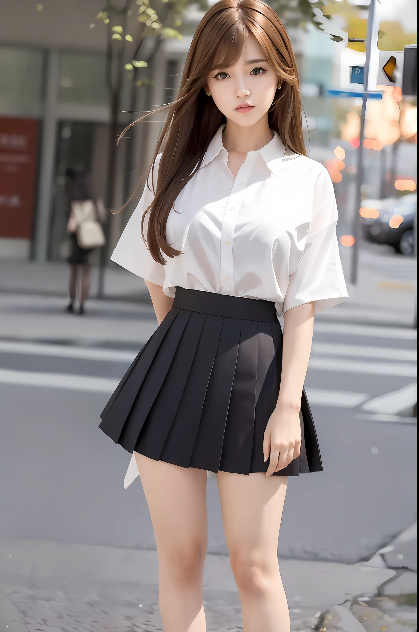 Masterpiece, best quality, (realistic, realistic: 1.4), (RAW photo: 1.2), very detailed CG unity 8k wallpaper, very refined and beautiful, amazing, fine detail, official art, absurdity, incredible absurdity, huge file size, ultra-detailed, extremely detailed, beautiful detailed girl, exulty detailed eyes and face, beautiful detailed eyes, light on face,1girl, ((brown hair)), very long hair, solo, cute, looking at viewer, thin waist, full body, mid-chest, standing, bangs, ulzzang-6500-v1.1, (university of Thailand uniform), (tight white shirt: 1.5), (black pleated skirt: 1.5) , (short skirt: 1.5), (Kpop idol),