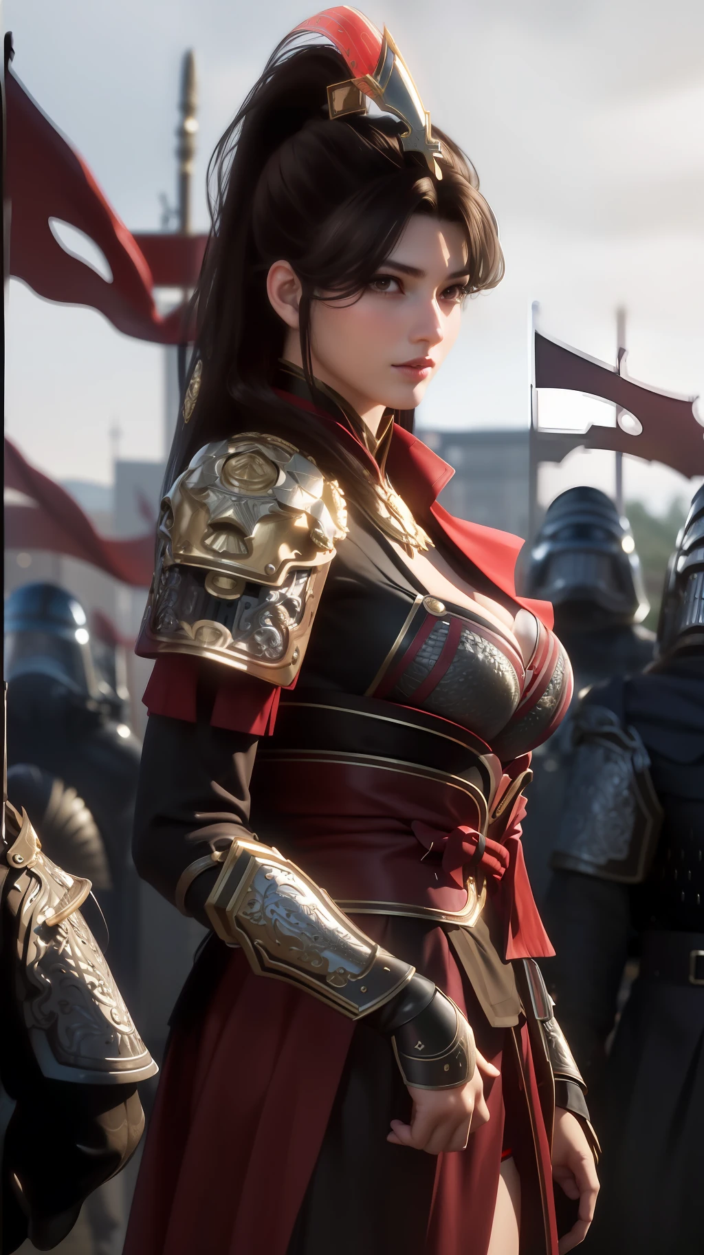 standing in front of a group of people in armor standing in a field with flags in the background,a line of red flags and a building,
red outfit,shoulder_armor,armor,armored dress, armored boots,red_cape,high_collar,a helmet on her head,
holding_weapon,spear,realistic, thighhighs,,
bangs,black_hair,brown_eyes,long_hair,turtleneck,
1 girl, 20yo,mature female,Beautiful Finger,Beautiful long legs,Beautiful body,Beautiful Nose,Beautiful character design, perfect eyes, perfect face,
looking at viewer,
NSFW,official art,extremely detailed CG unity 8k wallpaper, perfect lighting,Colorful, Bright_Front_face_Lighting,
(masterpiece:1.0),(best_quality:1.0), ultra high res,4K,ultra-detailed,
photography, 8K, HDR, highres, absurdres:1.2, Kodak portra 400, film grain, blurry background, bokeh:1.2, lens flare, (vibrant_color:1.2)
(Beautiful,large_Breasts:1.4), (beautiful_face:1.5),(narrow_waist),