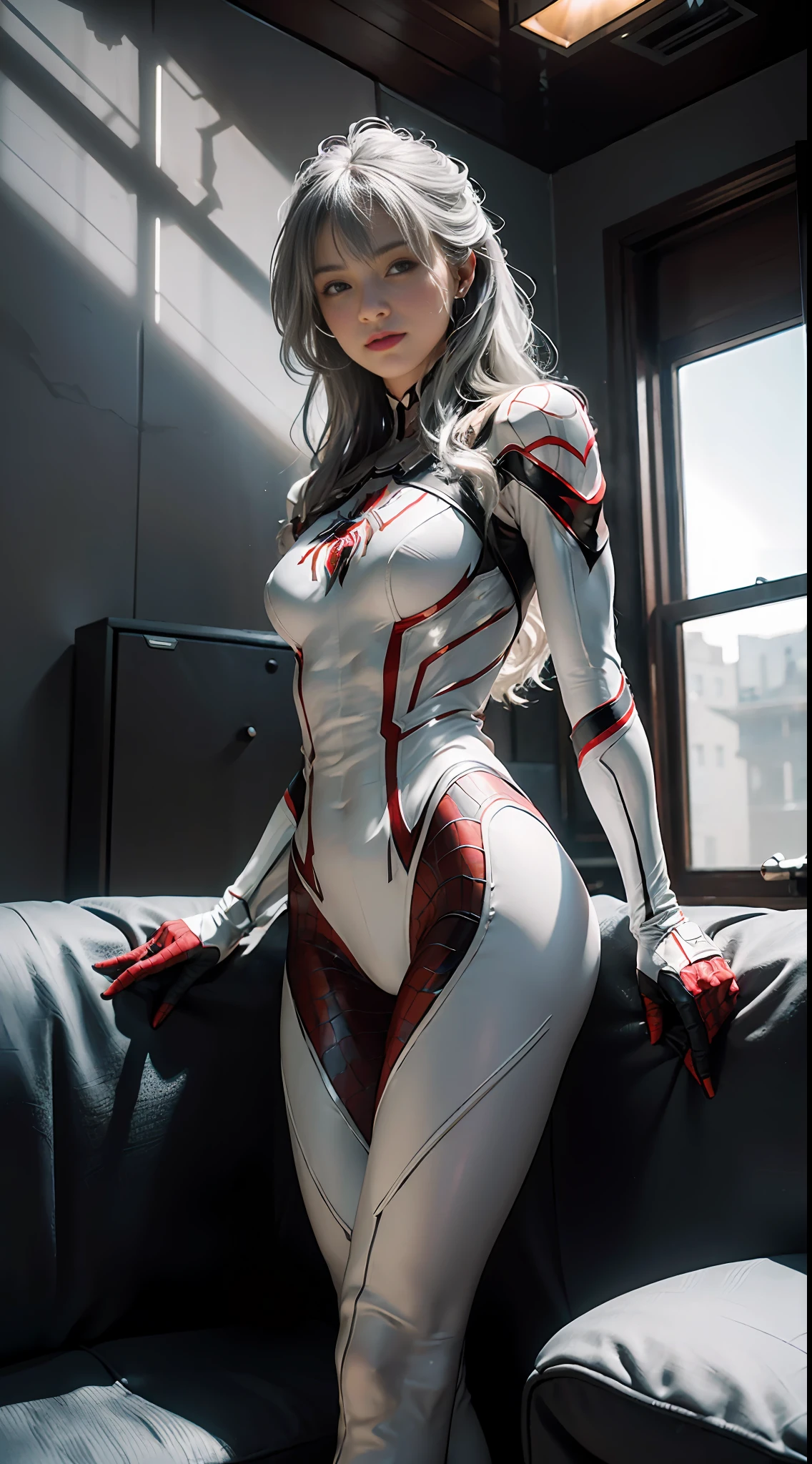 (Extreme Detail CG Unity 8K wallpaper, masterpiece, highest quality), (Exquisite lighting and shadow, highly dramatic picture, Cinematic lens effect), a girl in a white Spider-Man costume, silver gray hair color, from the Spider-Man parallel universe, Wenger, Marvel, Spider-Man, sitting on the couch, dynamic pose), (excellent detail, excellent lighting, wide angle), (excellent rendering, enough to stand out in its class), focus on white Spider-Man costumes, complex spider textures