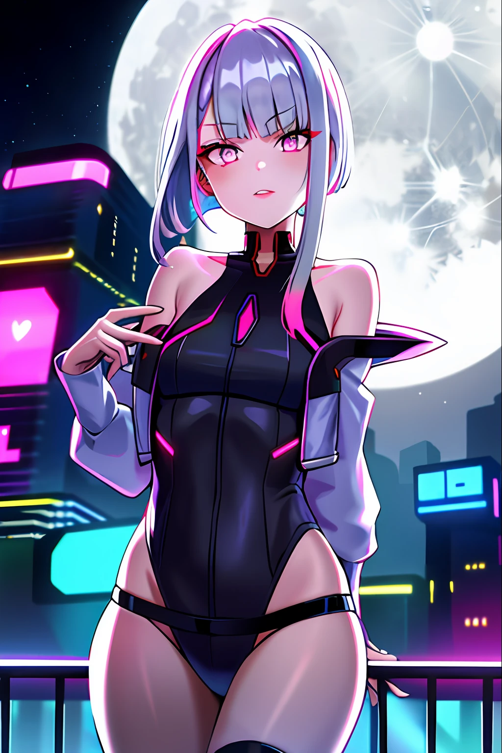 Lucy \(cyberpunk\), 1girl, Hair scrunchie, Princess cut, Silver hair, Colored tips, Full moon, Gray eyes, Jacket, Long sleeve, Look viewer, Medium hair, Multicolored hair, Aligned bangs, Parted lips, Pink hair, Portrait, Red eyeliner, Red lips, Solo, Purple bikini, Cyberpunk (series), In the heart of the neon-lit cyberpunk city,