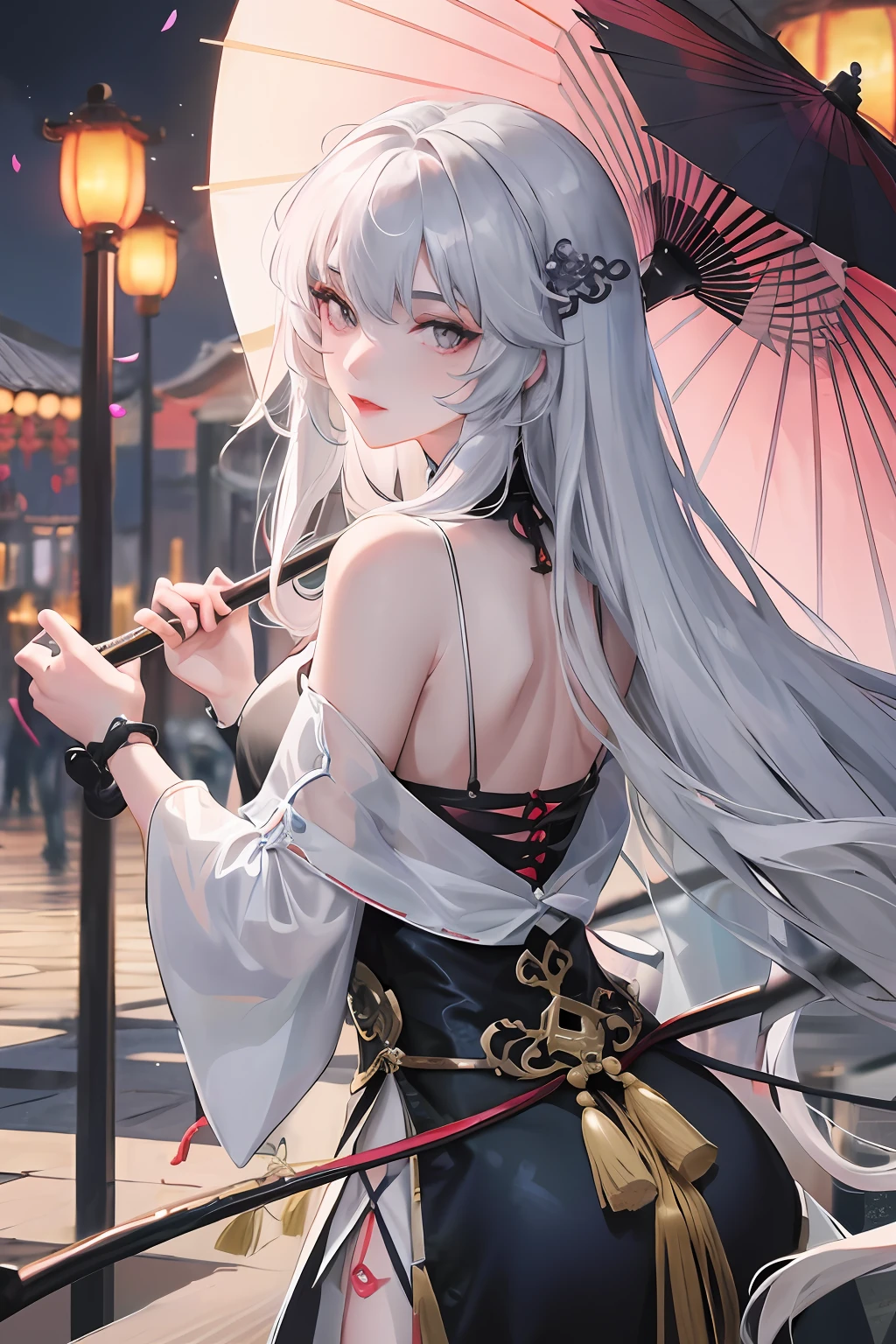 8K, masterpiece, best quality, night, full moon, 1 girl, Chinese style, Chinese architecture, mature woman, sister, silver white long haired woman, long hair, light pink lips, calm, rational, bangs, gray pupils, assassin, umbrella, umbrella, turn around, back, turn back, petals flying, delicate face,