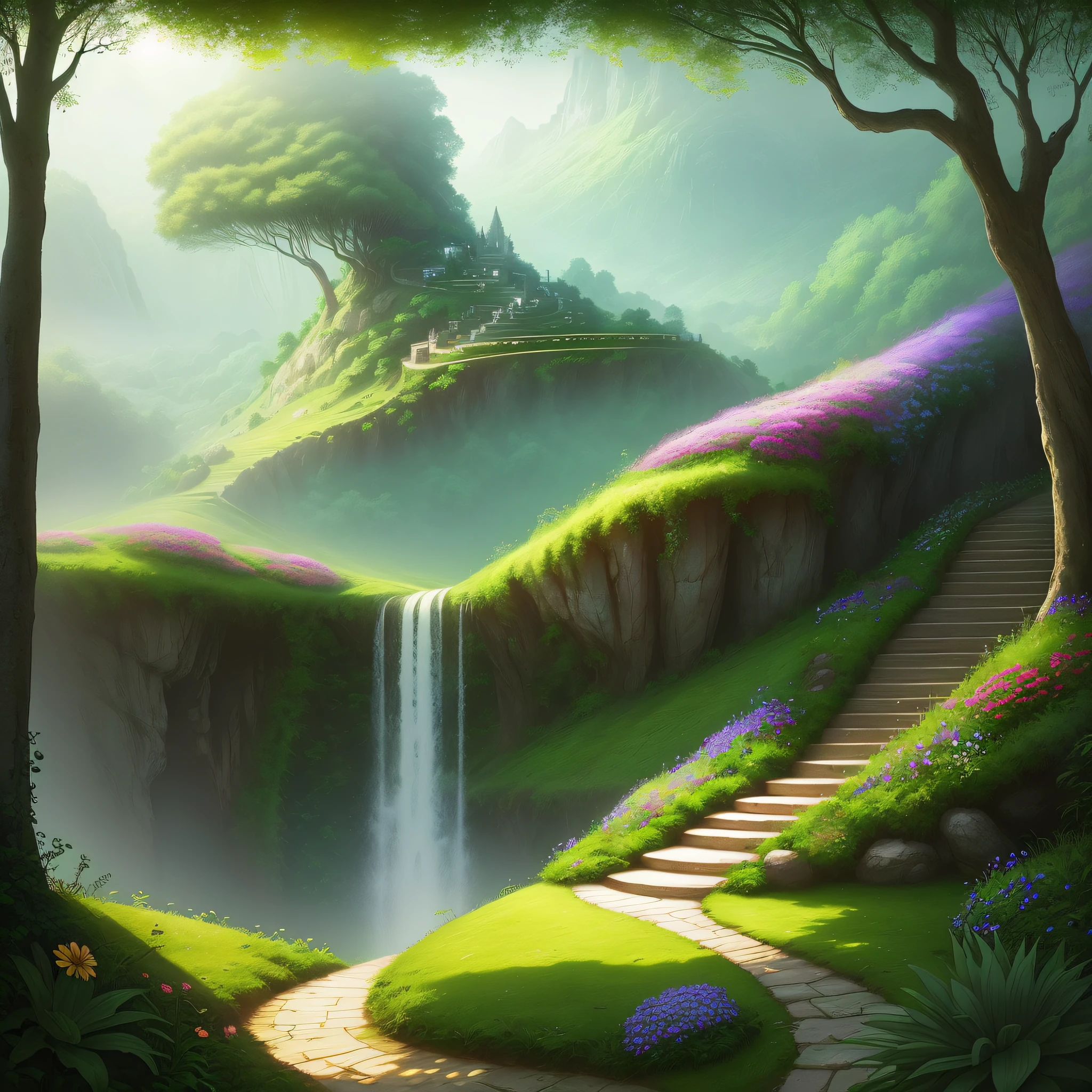 Best quality, dreamy and surreal, an ethereal staircase that winds through a hill, surrounded by a lush and vibrant landscape, vibrant greenery and flowers, soft and hazy lighting, as if bathed in a misty morning glow.