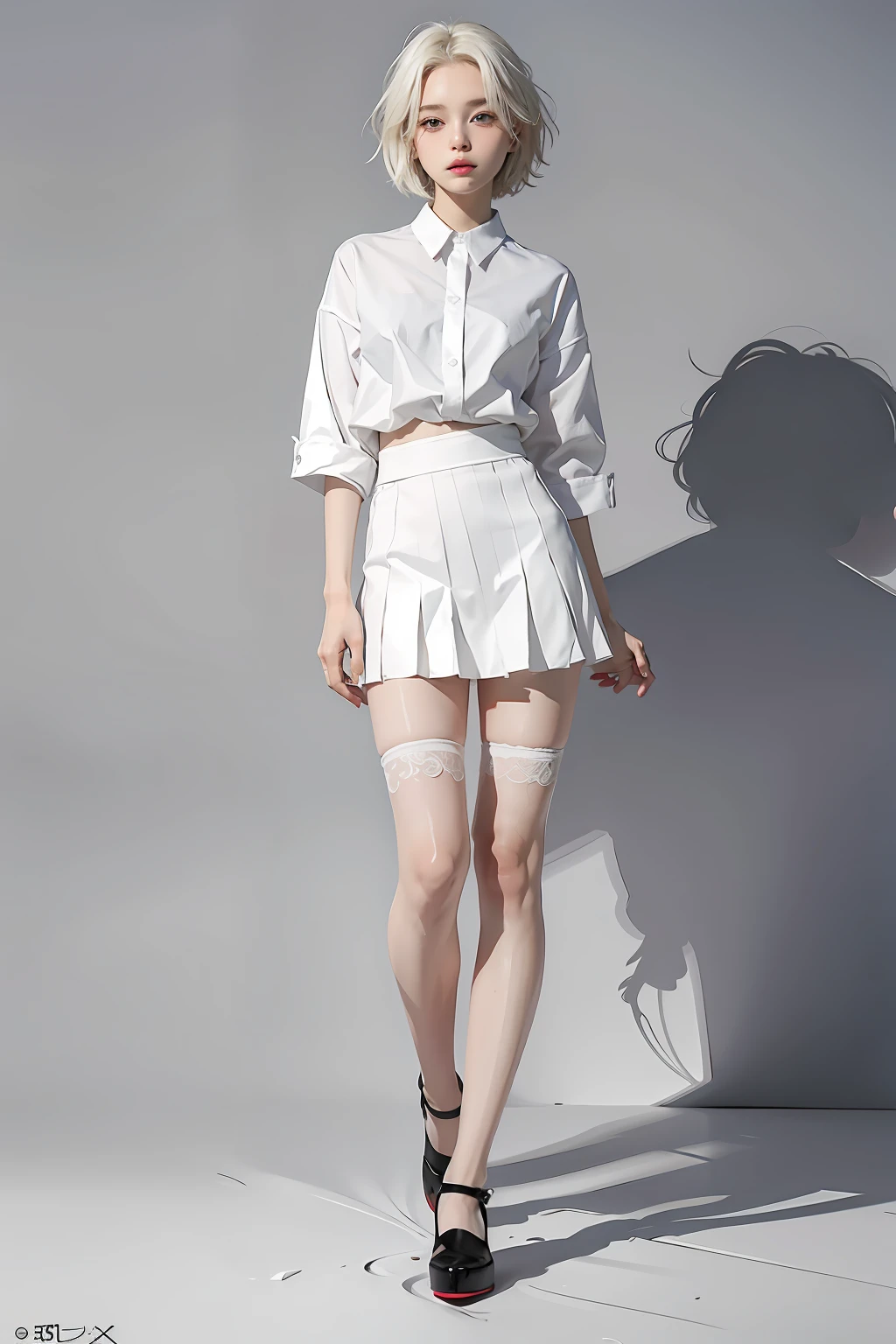 Masterpiece, best_quality)), 1 girl, (realism: 1.4), solo, white_background, white_hair, short_hair, zettai_ryouiki, skirt, (full_body)) Full body photo, realistic