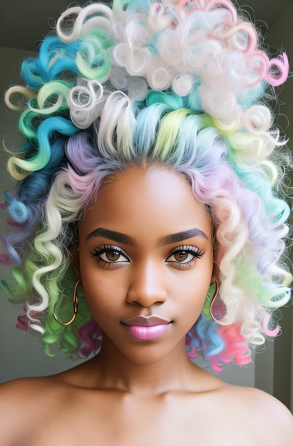 Afro-textured hair, sparkling eyes, dark skin, extreme long curly messed hair, extreme rainbow neon rainbow hair, heterochromia eyes, really curly hair, masterpiece, looking up