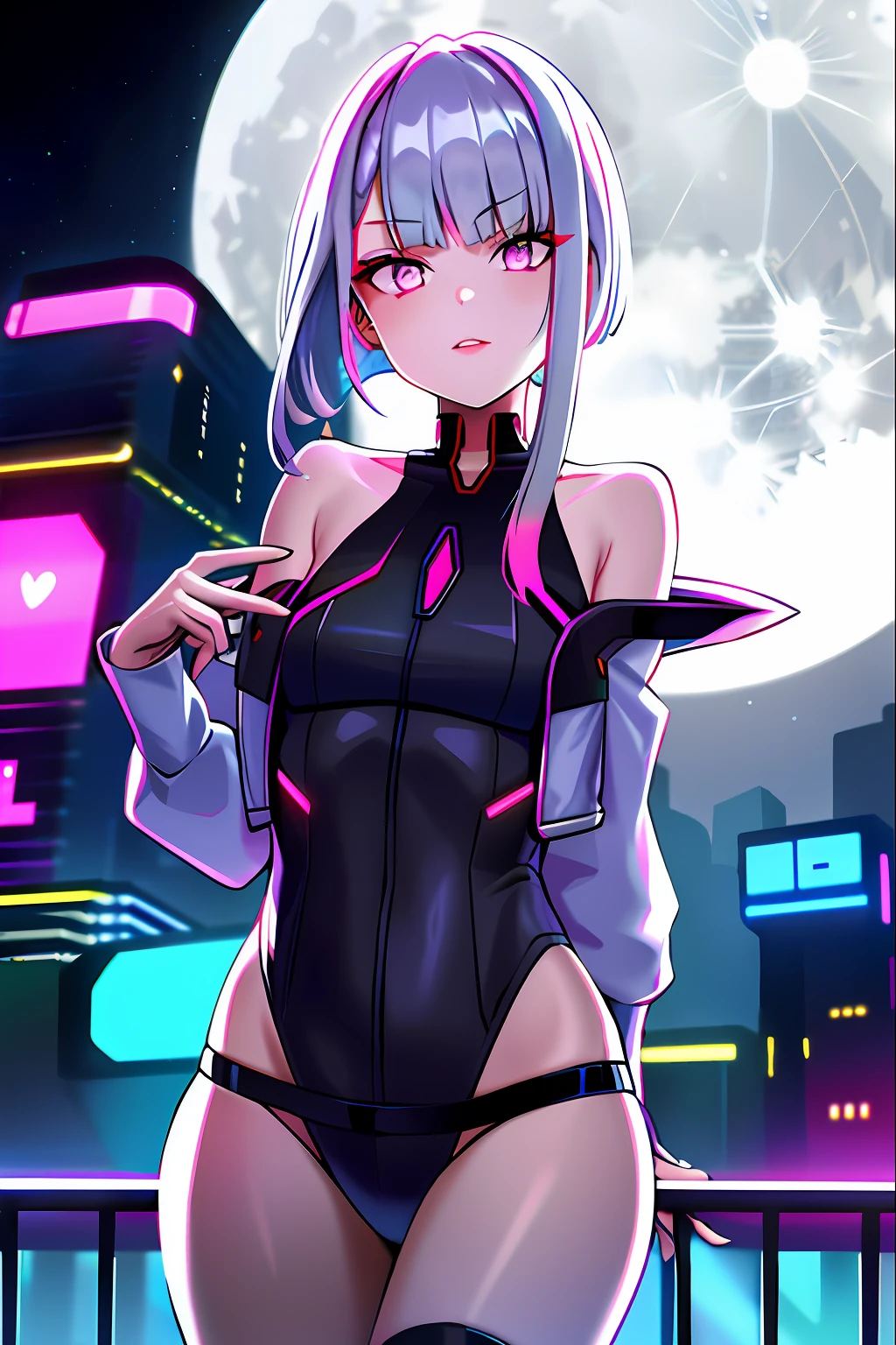 Lucy \(cyberpunk\), 1girl, Hair scrunchie, Princess cut, Silver hair, Colored tips, Full moon, Gray eyes, Jacket, Long sleeve, Look viewer, Medium hair, Multicolored hair, Aligned bangs, Parted lips, Pink hair, Portrait, Red eyeliner, Red lips, Solo, Purple bikini, Cyberpunk (series), In the heart of the neon-lit cyberpunk city,