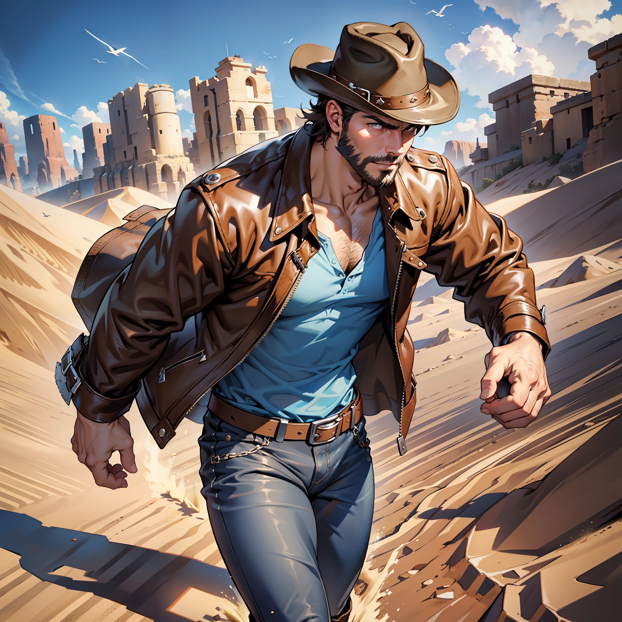 cowboy, muscular man, blue dress blouse, brown leather jacket, long black jeans, cowboy boots, revolver, cowboy hat, dark brown hair, short hair, brown eyes, medium beard, mechanical right arm, desert scenery, sand everywhere.