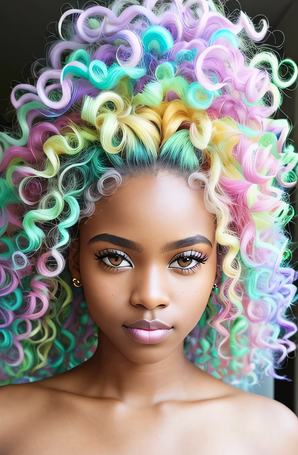 Afro-textured hair, sparkling eyes, dark skin, extreme long curly messed hair, extreme rainbow neon rainbow hair, heterochromia eyes, really curly hair, masterpiece, looking up