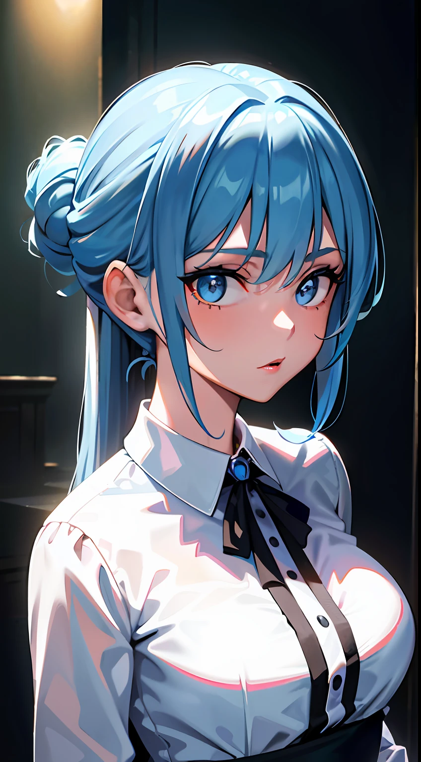 ((masterpiece)), (best quality), (detailed), (1girl), blue hair, blue eyes, updo, white shirt, black dress, looking down on the audience