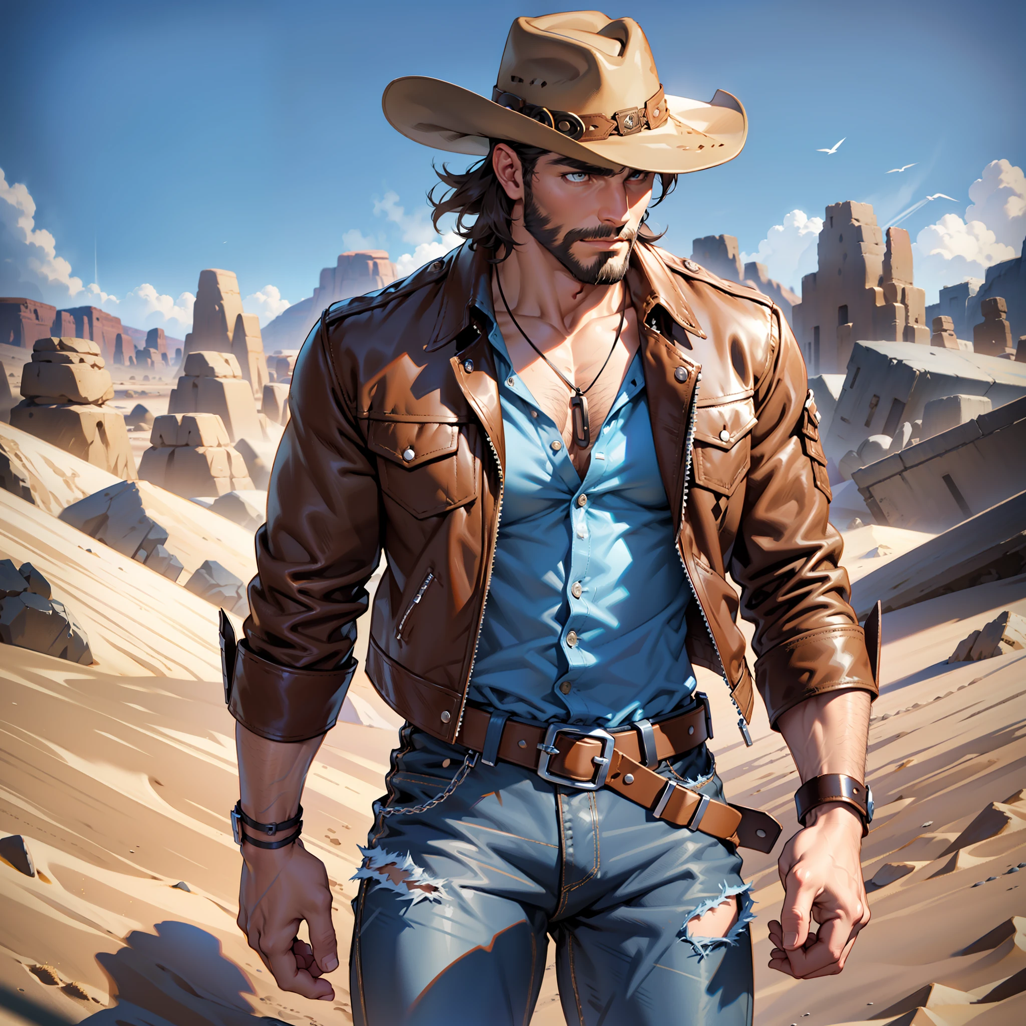 cowboy, muscular man, blue dress blouse, brown leather jacket, long black jeans, cowboy boots, revolver, cowboy hat, dark brown hair, short hair, brown eyes, medium beard, mechanical right arm, desert scenery, sand everywhere.