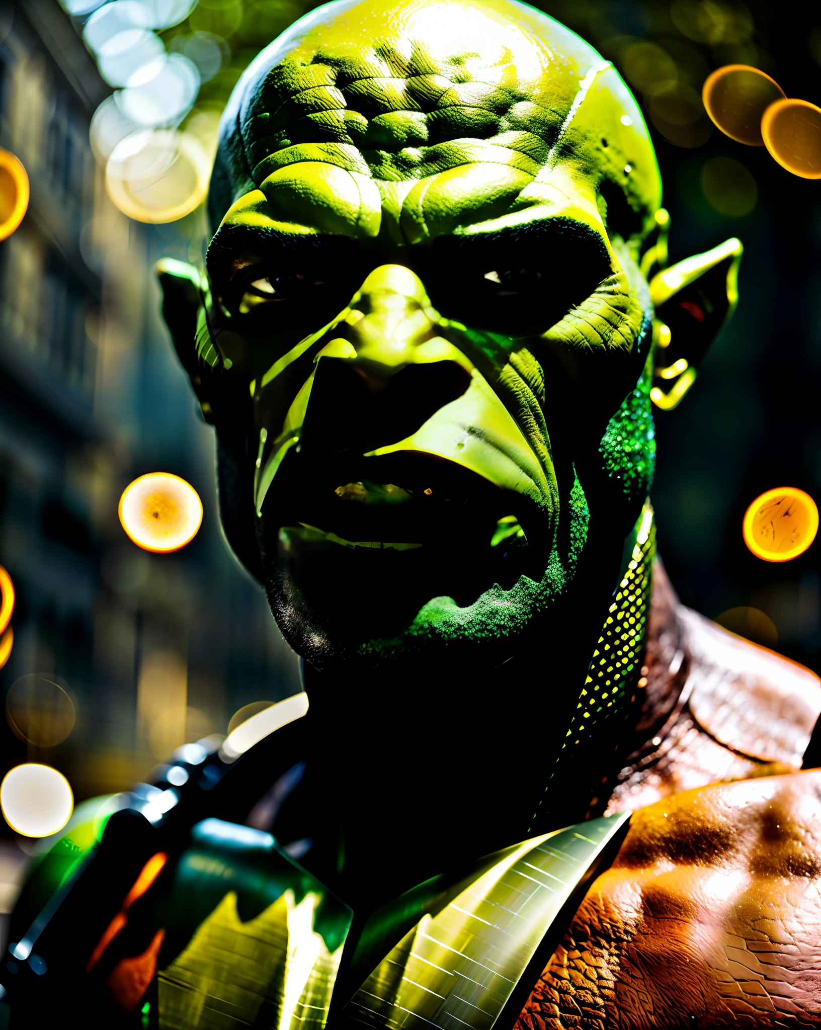 Photo portrait anderson silva, with greenish skin in the orc style, of medieval fantasy, with an expensive suit((light bokeh)), intricate, (steel metal [rust]), elegant, sharp focus, photo by greg rutkowski, soft lighting, vibrant colors, (masterpiece), ((streets)), (detailed face)+