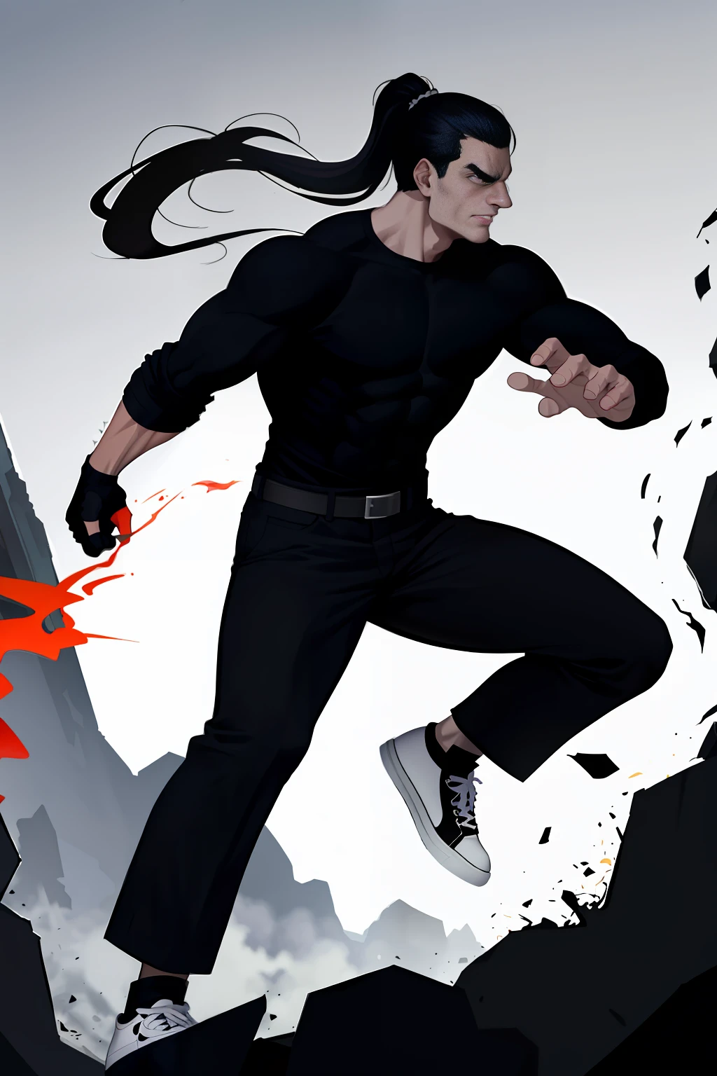 Villainous man, very strong wearing a black shirt with a fixed crow print, super detailed, power in the right hand, white All Star Converse sneakers, black hair with ponytail, power of destruction in your control, attack pose, ruined scenery with smoke and fires