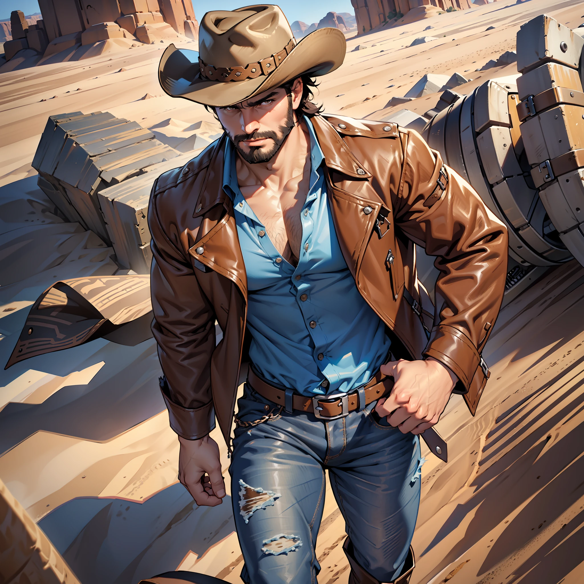 cowboy, muscular man, blue dress blouse, brown leather jacket, long black jeans, cowboy boots, revolver, cowboy hat, dark brown hair, short hair, brown eyes, medium beard, mechanical right arm, desert scenery, sand everywhere.