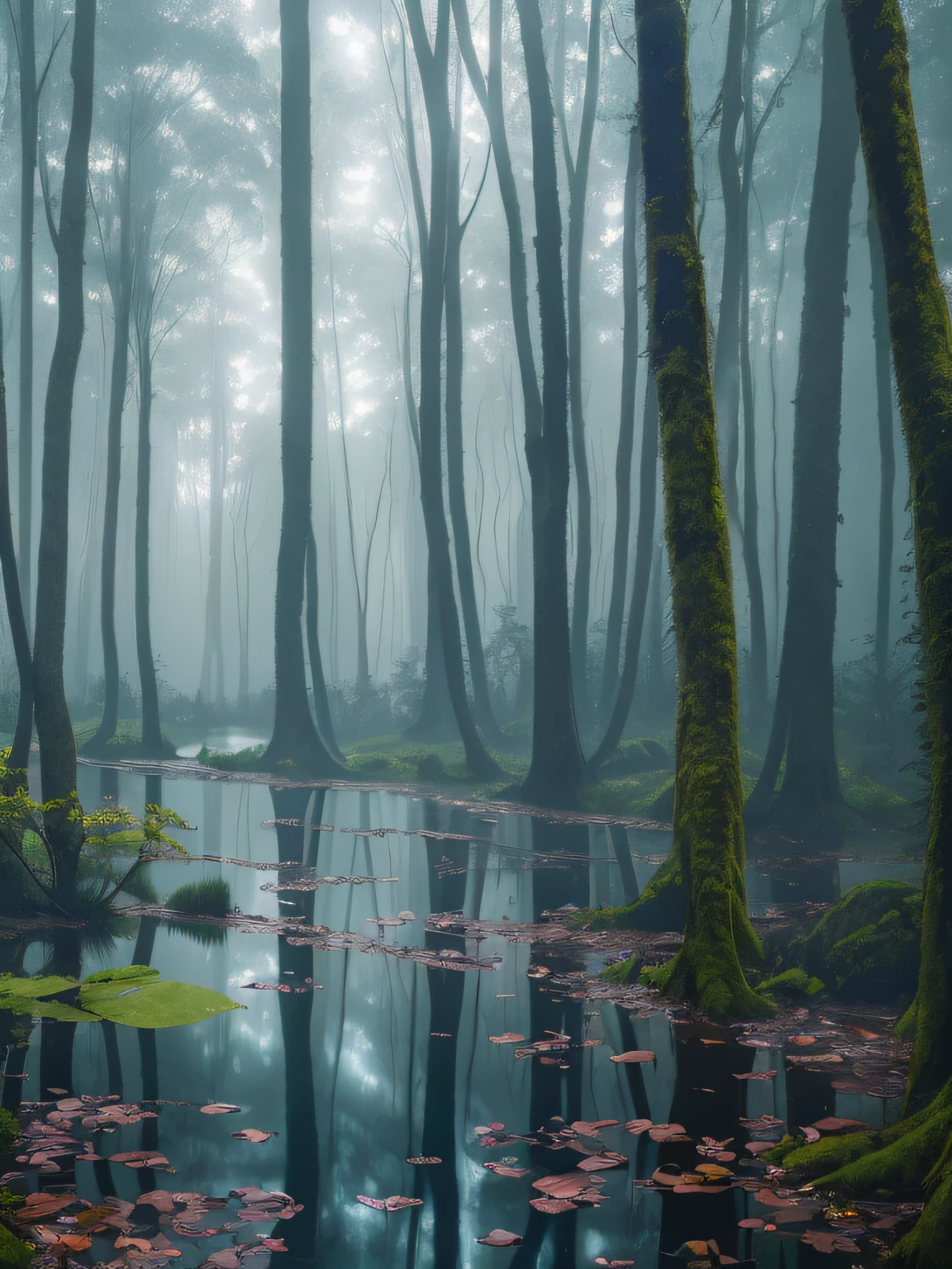 a stream running through a forest filled with trees, matte painting v ray, by Erik Pevernagie, mystical forest lagoon, standing in the mystical forest, 1128x191 resolution, an ai generated image, dark fog surrounds him, hyperrealistic image, atmospheric photograph, high resolution print, eery dead swamp setting, very beautiful ambient light