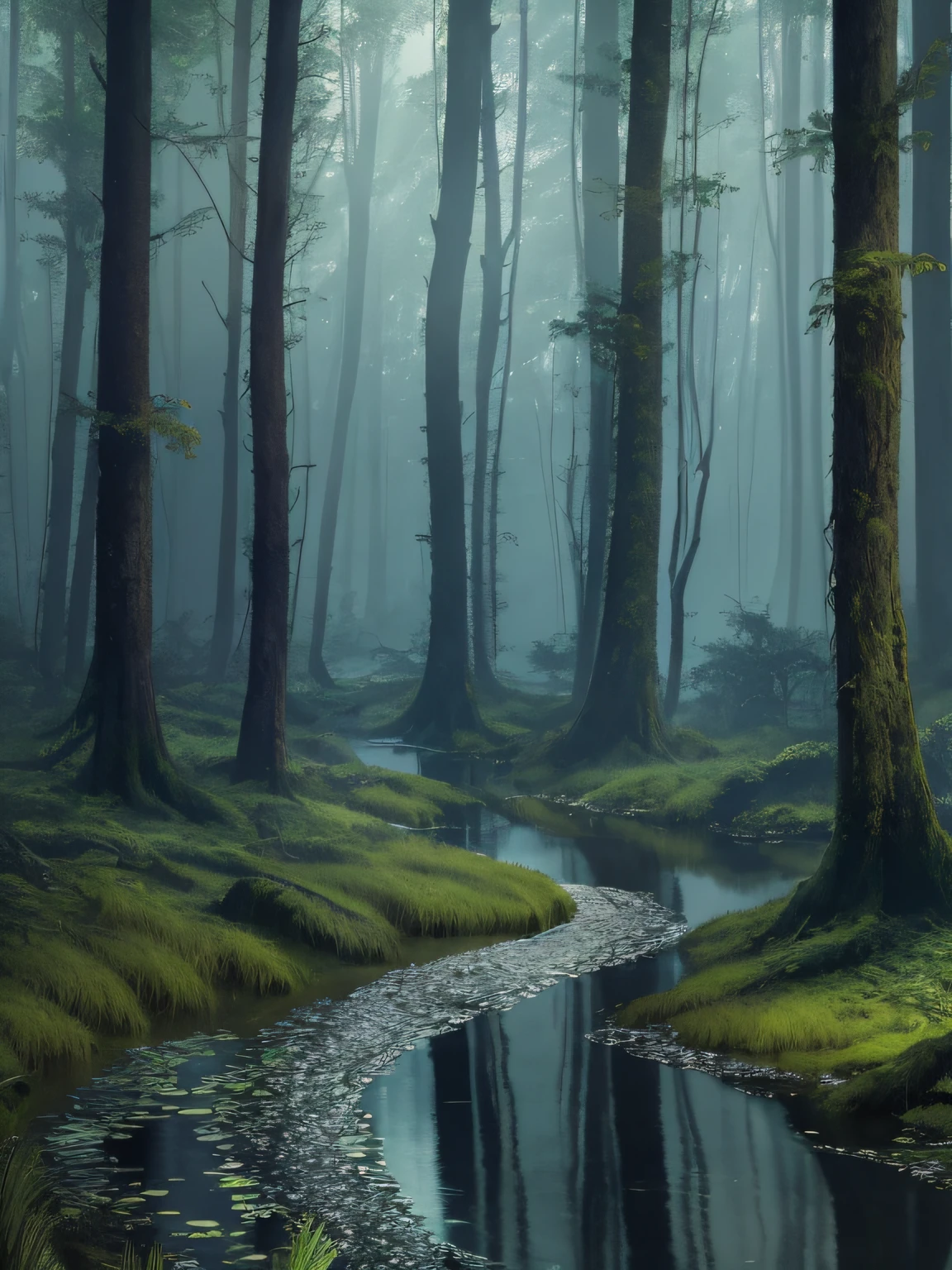 a stream running through a forest filled with trees, matte painting v ray, by Erik Pevernagie, mystical forest lagoon, standing in the mystical forest, 1128x191 resolution, an ai generated image, dark fog surrounds him, hyperrealistic image, atmospheric photograph, high resolution print, eery dead swamp setting, very beautiful ambient light