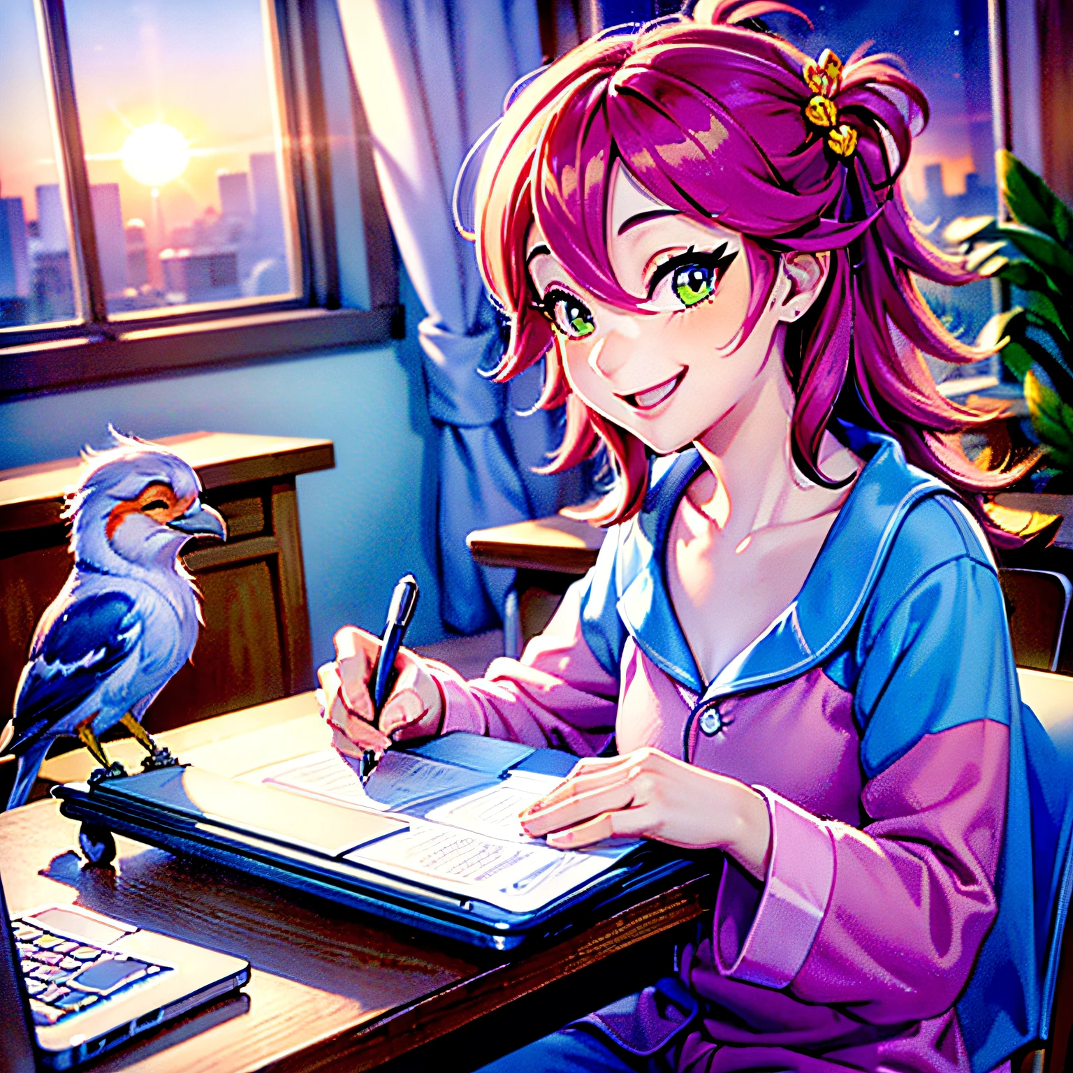 (best possible level of detail, masterpiece) (Vivid and bright colors) Five birds, happy and smiling, wear pajamas, stand up and work on laptops in the classroom. In the background of the scene, a sunrise can be seen through a window.