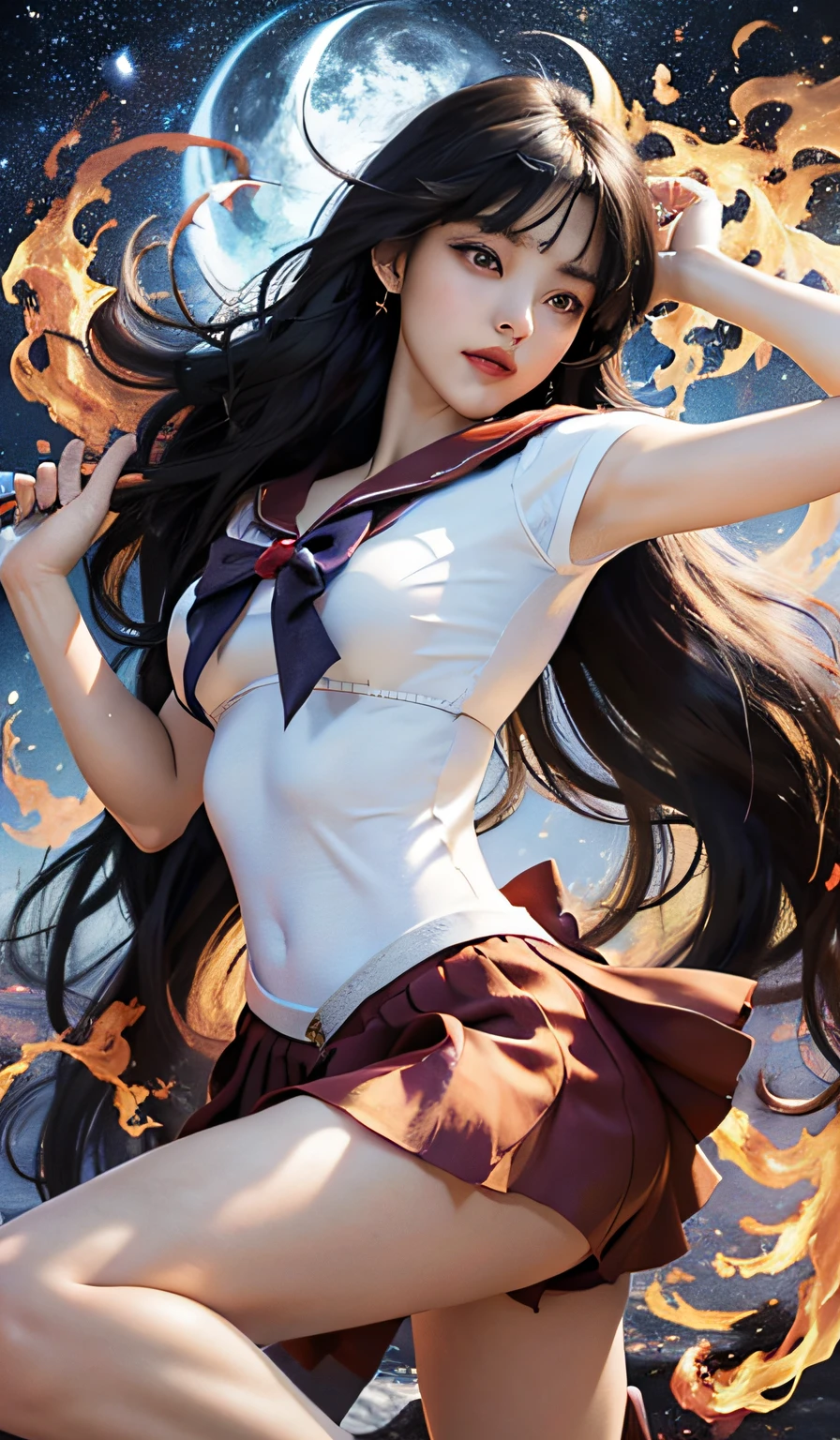 A fire-rei that matches the original painting of Sailor Moon, delicate face, purple bow, sailor Mars fireno-rei, full body, Japanese sailor suit, white V-neck top, high-waisted red short skirt, skirt covering the butt, flesh-colored oily stockings to the waist, white combat gloves, warrior costume, short top, , gold trim, star brooch, front split design, red bow on head, combat gloves, white high boots, shin guards with flame pattern, belt detail, high-quality texture, bright colors, original manga character setting, small man's waist ,, Golden Ratio, Tall Long Legs, Vivid Expression, Charming Eyes, Delicate and Soft Skin, Long Black Hair, Dynamic Hairstyle, Smoky Makeup, Colorful Background, Shining Starry Sky, Gorgeous Cityscape with Rich Colors, HD Details, Exquisite Rendering, Stereoscopic, Realistic Image, Use of Light and Shadow, Watery Big Eyes, (Blade Eyebrows: 0.1), (High Nose Bridge: 0.6), (smile: 0.6), long red hair, (big breasts: 1.1), red eyes, sexy, (big buttocks), sheer cardigan, slim, (masterpiece: 1.2, superb), realistic, skinny, 22 years old, (real shot, fine crafted, depth of field), (1girl, solo), makeup, noble, elegant, blush, dignified, proud, confident, (fair and shiny skin), mature, (thin), (big ass: 1.3), bonny, (small mouth), black super long hair, wet body, red bow on clothes, gold headwear, ultra HD, 8k, best light and shadow, best shadow, depth of field, lots of colored bubbles, elevation view, long leg visual effect, (extended leg: 1.2), perspective enhancement, kicking action, fire special effects, seaside, sunny day, water ripple refraction, character standing in the dojo