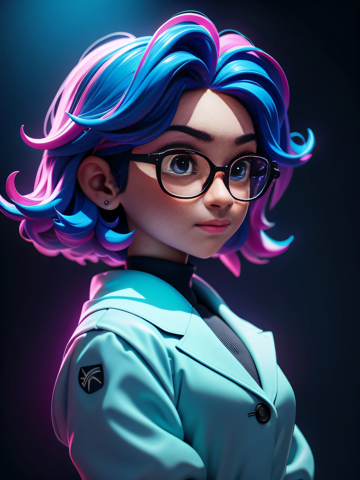 (Masterpiece: 1.5), (Best Quality: 1.5), High Resolution, Highly Detailed, 3DMM, A Girl, Soloist, Speaker, Leader, Glasses, Serious, Performance of Future Technology, Data, Low Contrast, Vivid Lighting, Atmospheric Depth, Superb Technology, Harmonious Composition, Creative Refinement, Striking Juxtaposition, Evocative Tones, Captivating Colors, Dramatic Lighting