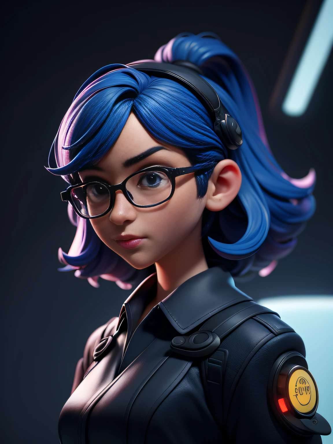(Masterpiece: 1.5), (Best Quality: 1.5), High Resolution, Highly Detailed, 3DMM, A Girl, Soloist, Speaker, Leader, Glasses, Serious, Performance of Future Technology, Data, Low Contrast, Vivid Lighting, Atmospheric Depth, Superb Technology, Harmonious Composition, Creative Refinement, Striking Juxtaposition, Evocative Tones, Captivating Colors, Dramatic Lighting
