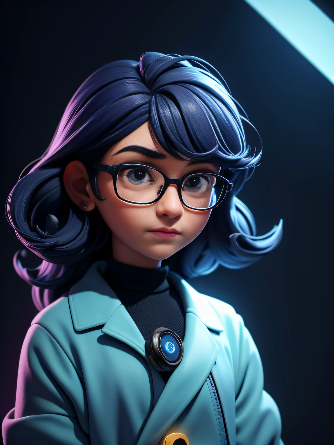 (Masterpiece: 1.5), (Best Quality: 1.5), High Resolution, Highly Detailed, 3DMM, A Girl, Soloist, Speaker, Leader, Glasses, Serious, Performance of Future Technology, Data, Low Contrast, Vivid Lighting, Atmospheric Depth, Superb Technology, Harmonious Composition, Creative Refinement, Striking Juxtaposition, Evocative Tones, Captivating Colors, Dramatic Lighting