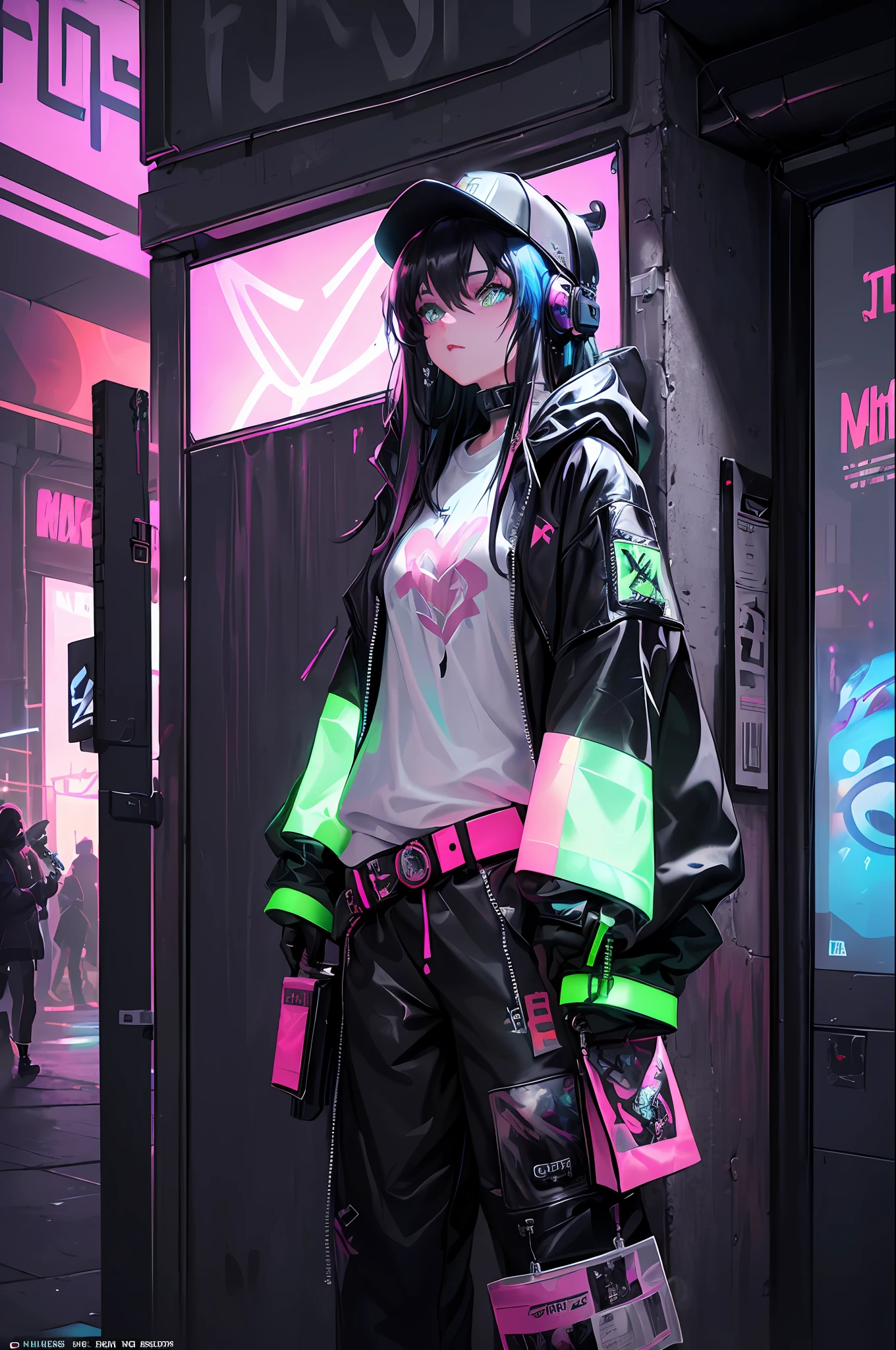 (Masterpiece:1.2), best quality, (illustration:1.2), (ultra-detailed),Eye focus,(Masterpiece Glow, pink lens flare), (Cinematic background), hyper details,(delicate detailed), ( intricate details) ), octane render, HDR, (hyperdetailed:1.15), ((colourful)), (soft light:1.2), 1girl, beautiful girl, super detailed eyes, mature, plump, thick, rainbow drops, paint teardrops, woman made of paint, entirely paint, splat, splash, (outside), (bioluminescent hair:1.1), (glowing eyes), ((makeup), (cinematic majection), fierce, powerful, splashing colors absolutely eye-catching, (movie headlights), (Realistic Reflective Lighting: 1.2), ((Caustic)), Dynamic Angle, Beautiful Details Glow, Ambient Occlusion, Ambient Light, Ray-Traced Reflections, (Best Lighting, Extremely Delicate and Beautiful), ((Cinematic Light), (Soft: 2), (Whimsical: 2), Complex Background, Vibrant, Dreams, (Painted Doodles: 1.3), (Glowing Tail), (Painted Cityscape), (City), (Realistic Urban Fashion), (Expressive: 1.2), Good Figure, Robust, (Mirror World ), (Long flowing black hair:1.1), Wavy hair, (Colorful hair highlights), (Cyberpunk Techwear Japanese Streetwear Longline Hoodie), (Cyberpunk Streetwear Kanji Joggers), Glowing headphones, Hat, (Graffiti wall), Unfinished graffiti, Slum, (Looking at the wall: 2), White transparent T-shirt, (with back wall), ( Holding a spray can: 1.3), (colorful fog), buckle, belt, shoulder strap, a girl standing in front of a wall of graffiti, cyberpunk art, by LAM, Mika Pikazo, graffiti, techwear jacket, black gloves, buckle and tape