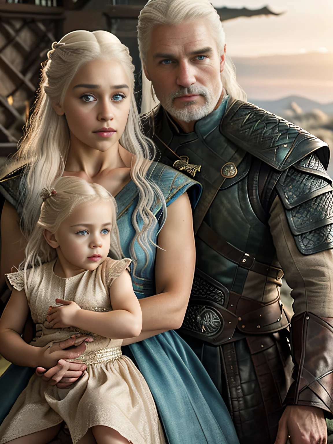 raw fullbody ((family photo of a father and mother with their daughter beautiful)), 1girl, [daenerys targaryen|Emilia Clarke], (1man, Henry Cavill as Geralt de Rivia The Witcher), playing with their ((5  daughter)))), medieval clothing,((half body shot)), realistic proportions, realistic pupils, ((3 member family portrait)) limited palette, highres, cinematic lighting, 8k resolution, front lit, sunrise, RAW photo, Nikon 85mm, Award Winning, Glamour Photograph, extremely detailed, beautiful Ukrainian, mind-bending, Noth-Yidik, raw fullbody photo of Daenerys Targaryen and Geralt de Rivia The Witcher with 5 year oldr, highly detailed, artstation, smooth, sharp focus, 8K,, trending on instagram, trending on tumblr, hdr 4k, 8k