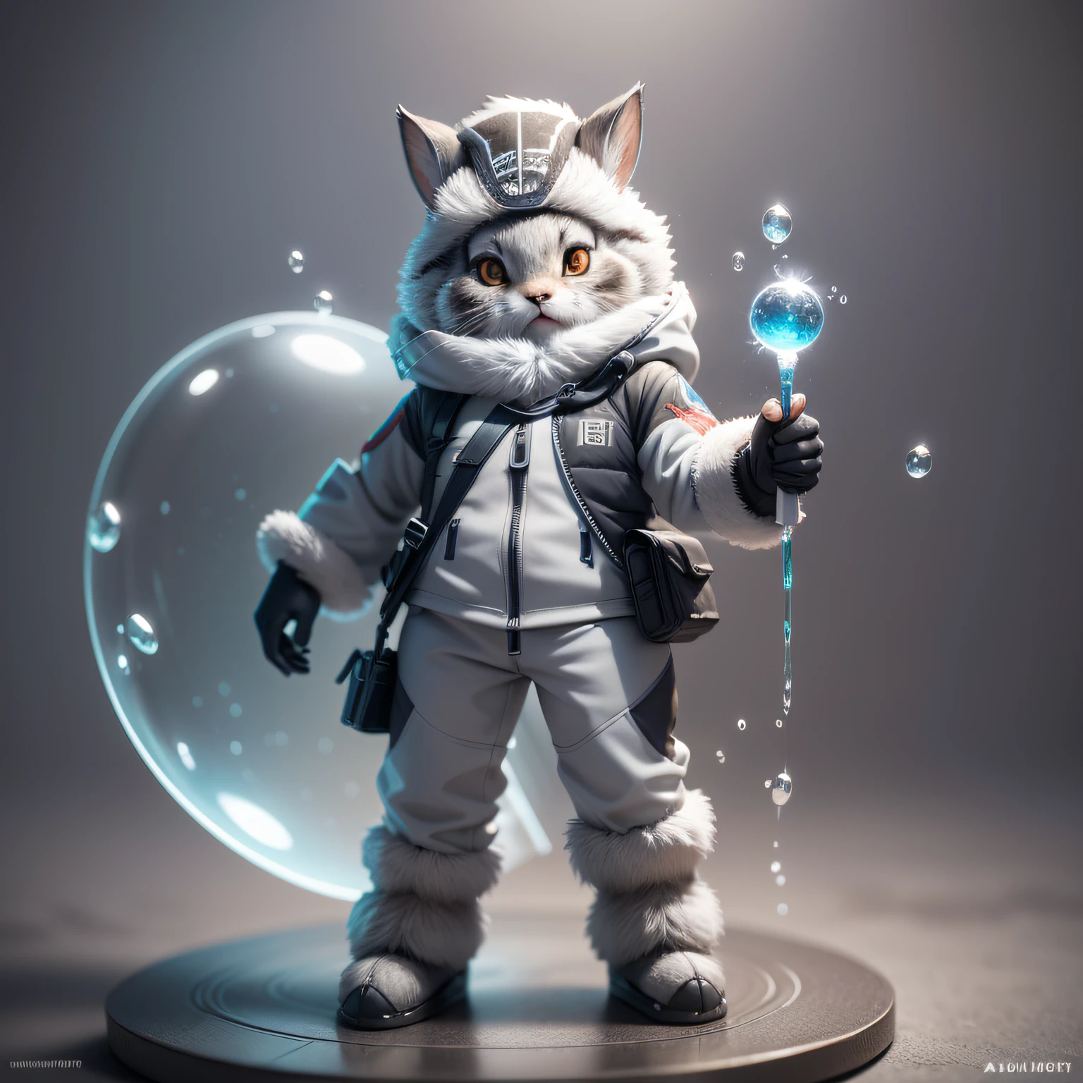 Otocolobus manul, natural standing, front full body, cute rabbit in ski suit, fierce and kind eyes, bubble mart style, clean and simple design, IP image, silver-gray hair, high-grade natural color matching, bright and harmonious, high cold, anthropomorphic design, Behance, organic sculpting, C4D style, 3D animation style character design, ray tracing, 4k --auto --s2