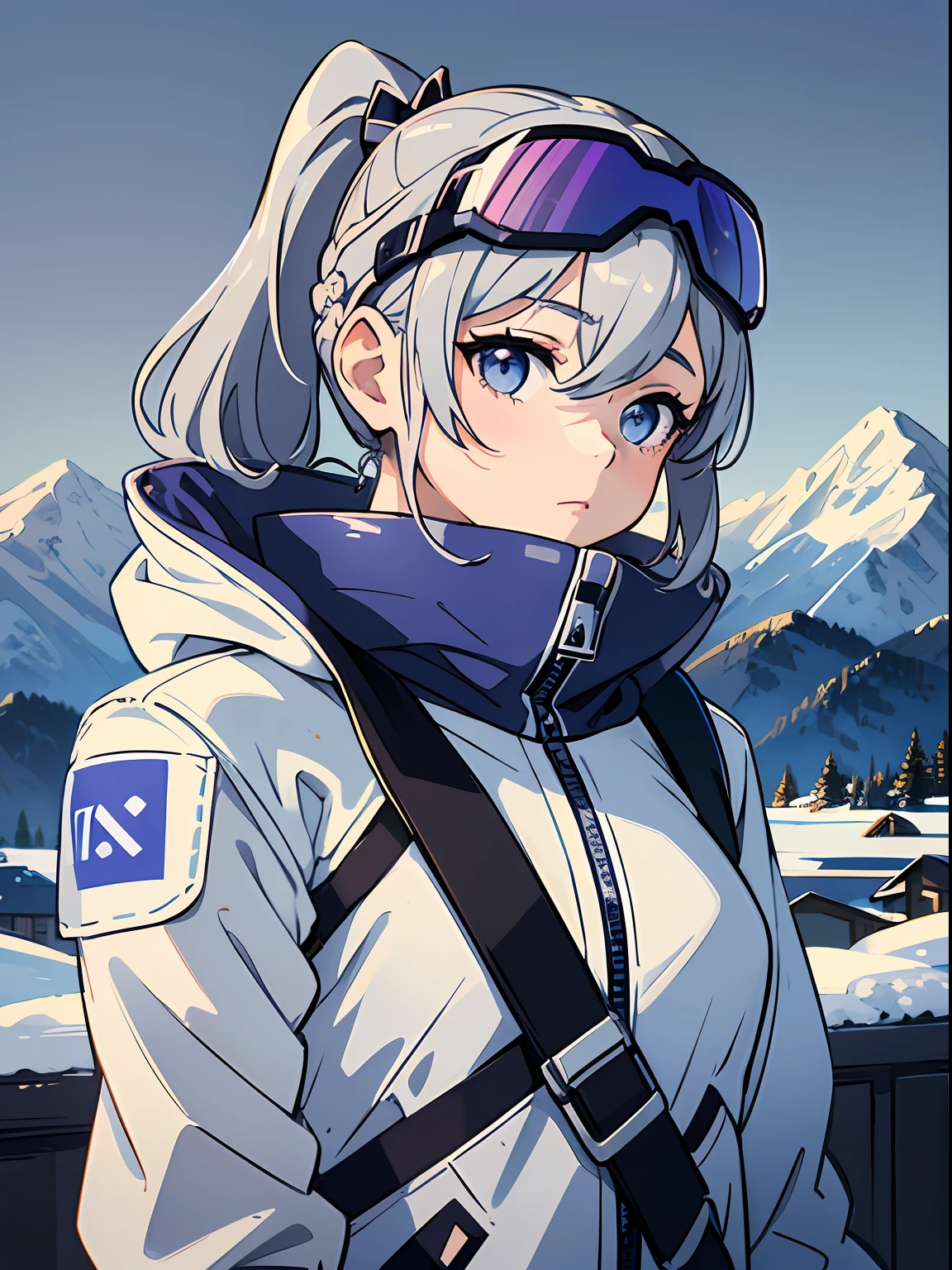 Exquisite masterpiece, best quality, illustration style, an anime girl with a curly ponytail, gray beautiful eyes, petite figure, snowy mountain vista, white ski suit, small, spring, heartwarming, youthful and beautiful, with blue-violet gradient ski goggles, gray hair, presents a natural casual style. The dynamic posture contains the golden section, a large aperture portrait, the picture is blank, the contrast between light and shadow is strong, the texture is super strong, the picture is super clear and concise, presenting an extremely beautiful, elegant and dignified, delicate face