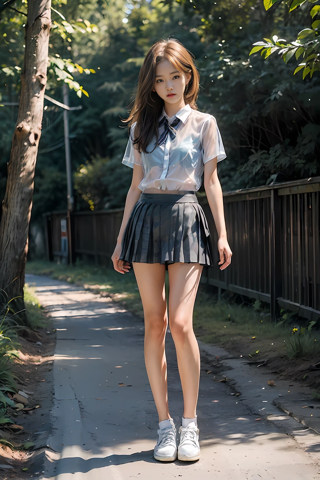 18 years old female, long hair, RAW photo, bokeh (realism: 1.4, realistic), high detail CG unified 8K wallpaper, 1girl, ((slim body: 1)), (small breasts: 1), back to viewer, ((direct view from the front)), (HQ skin: 1.4), 8k uhd, dslr, soft light, high quality, film grain, Fujifilm XT3, ((school uniform, short skirt,see through open skirt:1.5)), ((outdoor, at park))) jangjoo, portrait,((Layered short Haircut, black hire,small breast:1.2)),(looking at viewer:1.4),(full body:1.8)
