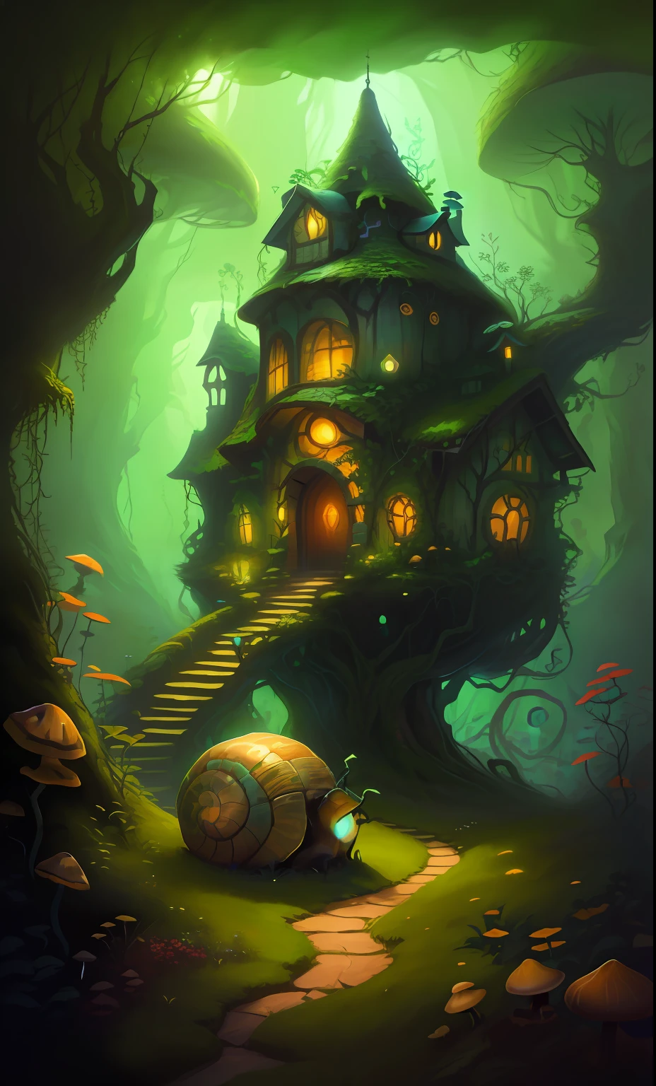 there is a snail that is sitting in front of a house, curved organic fantasy house covered in vines and moss and glowing mushroom, enchanted and cozy forest home, fantasy art behance, fantasy matte painting，cute, realistic fantasy illustration, enchanted magical fantasy forest, whimsical fantasy landscape art, digital 2d fantasy art, mushroom house, stylized concept art, detailed digital 2d fantasy art, a beautiful artwork illustration, magical environment, cute snail, uplifting environment, sunlit forest, sunlight dappled through trees, glowing blue mushrooms across home