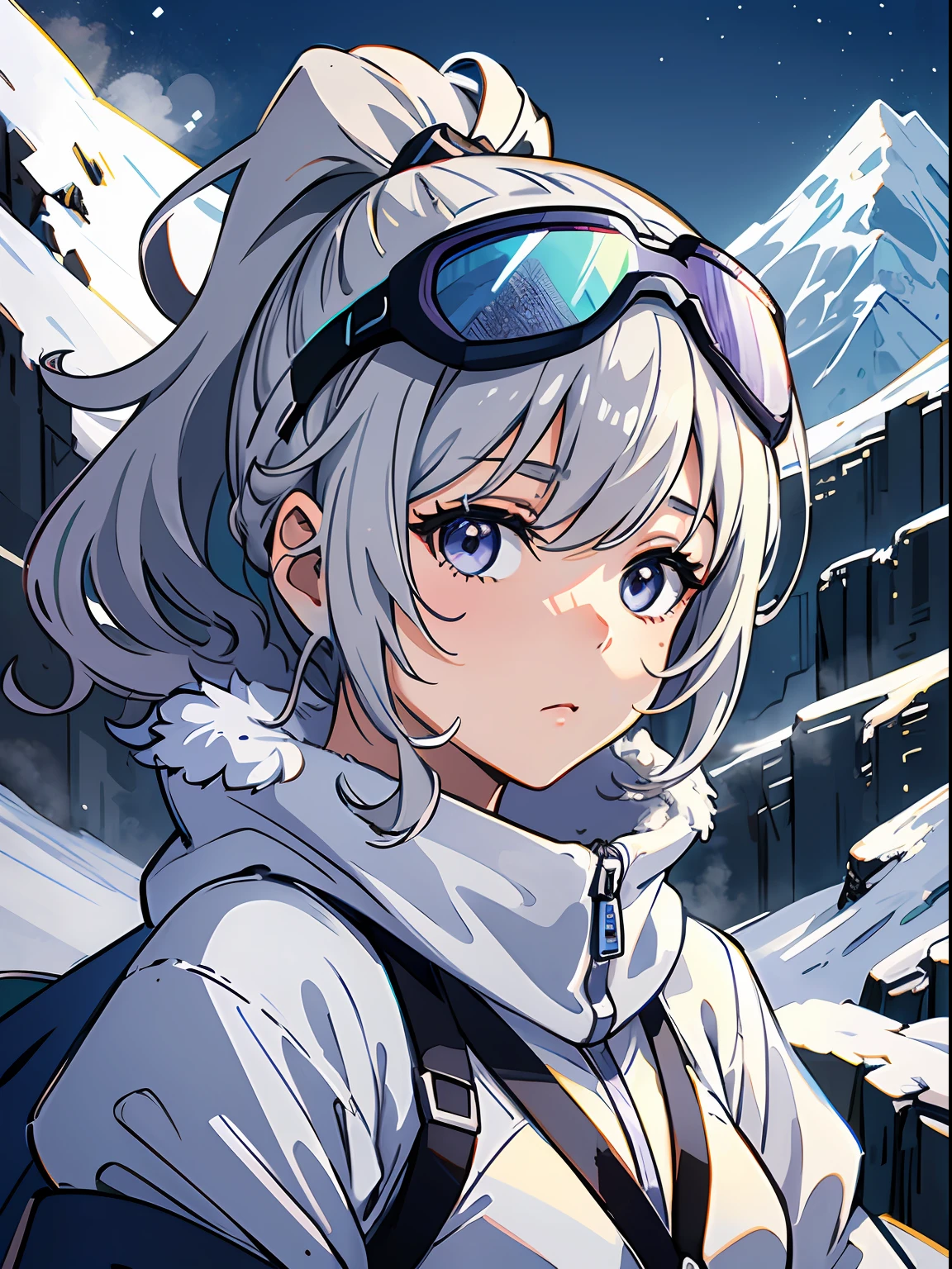 Exquisite masterpiece, best quality, illustration style, an anime girl with curly ponytail, gray beautiful eyes, petite figure, snowy mountain vista, hot spring, steam, white ski clothes, small, spring, heartwarming, youthful and beautiful, with blue-purple gradient ski goggles, gray hair, showing a natural casual style. The dynamic posture contains the golden section, a large aperture portrait, the picture is blank, the contrast between light and shadow is strong, the texture is super strong, the picture is super clear and concise, presenting an extremely beautiful, elegant and dignified, delicate face