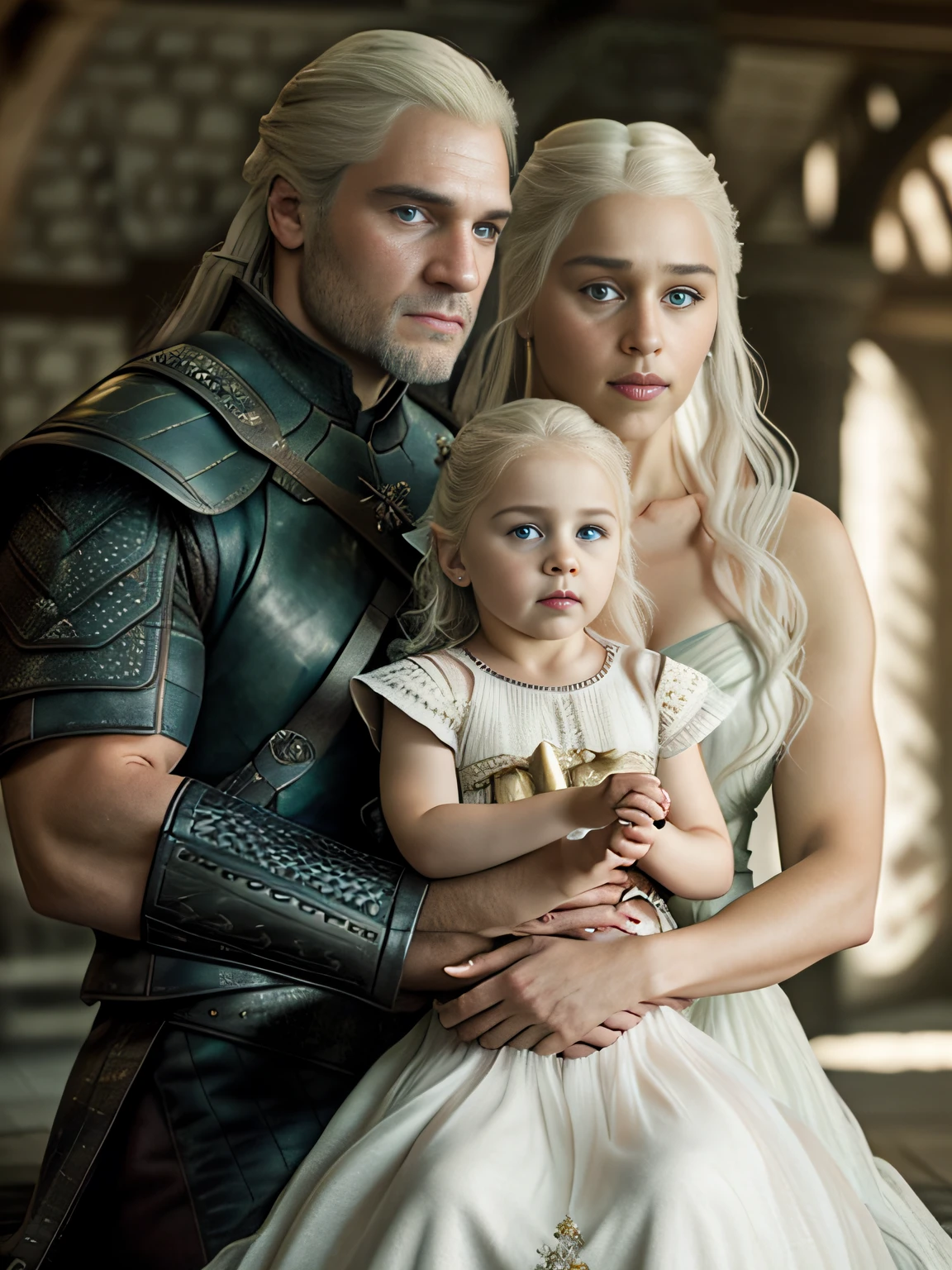 raw fullbody ((family photo of a father and mother holding their daughter)), 1girl, [daenerys targaryen|Emilia Clarke], (1man, Henry Cavill as Geralt de Rivia The Witcher), playing with their ((5  daughter)))), medieval clothing,((half body shot)), realistic proportions, realistic pupils, ((3 member family portrait)) limited palette, highres, cinematic lighting, 8k resolution, front lit, sunrise, RAW photo, Nikon 85mm, Award Winning, Glamour Photograph, extremely detailed, beautiful Ukrainian, mind-bending, Noth-Yidik, raw fullbody photo of Daenerys Targaryen and Geralt de Rivia The Witcher with 5 year oldr, highly detailed, artstation, smooth, sharp focus, 8K,, trending on instagram, trending on tumblr, hdr 4k, 8k